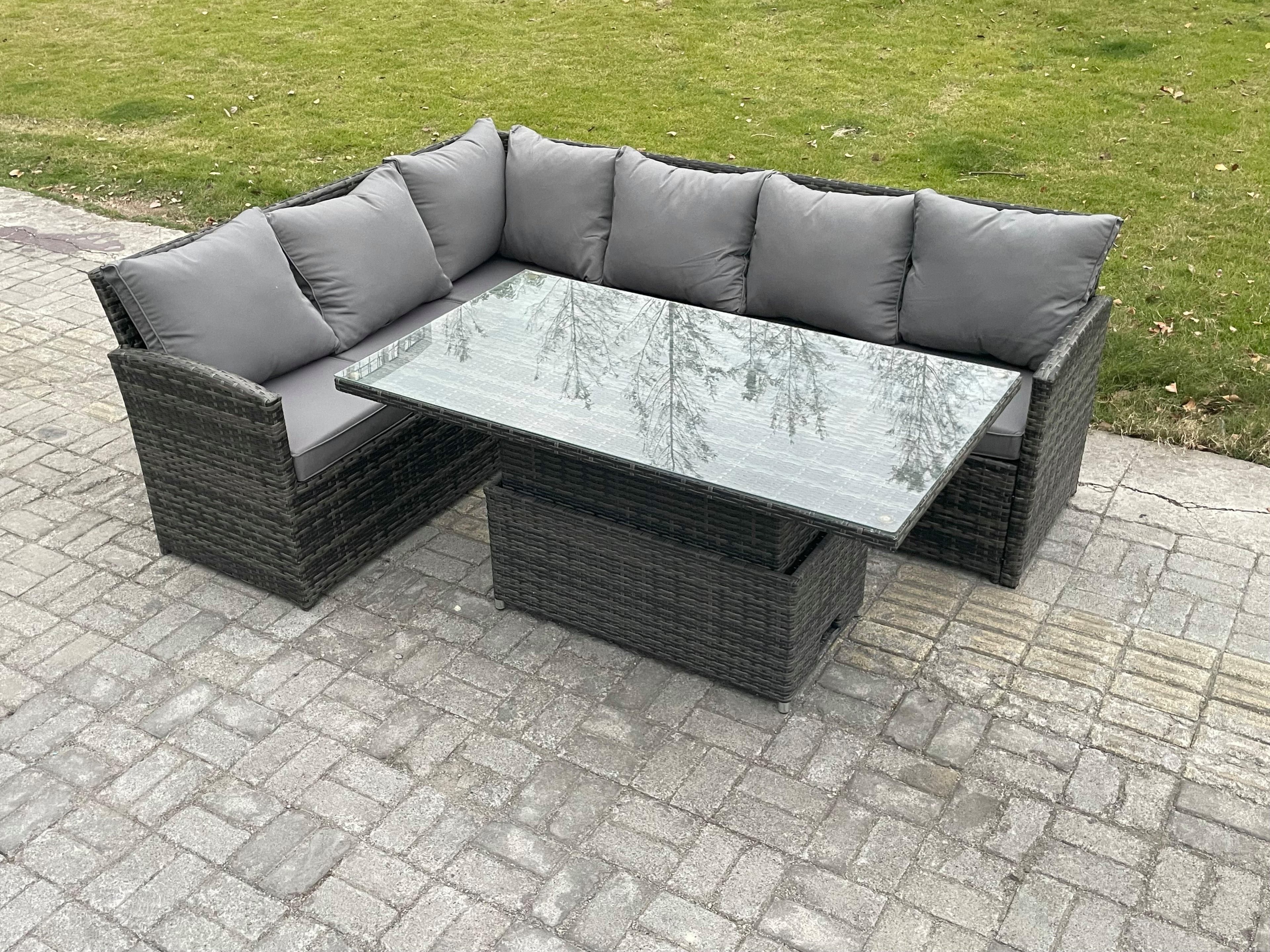 Wicker PE Outdoor Rattan Garden Furniture Set Height Adjustable Rising Lifting Table Sofa Dining Set Dark Grey Mixed
