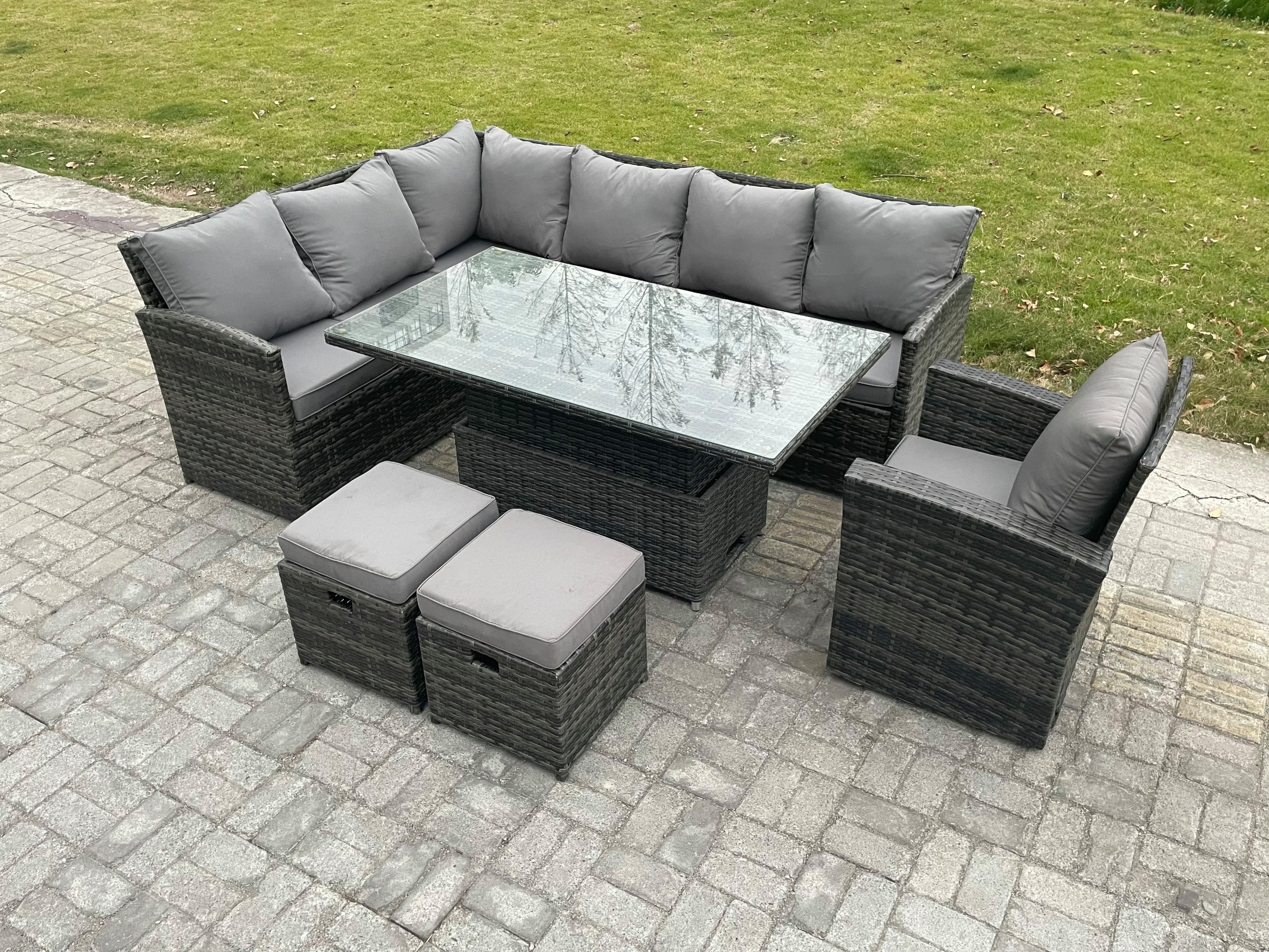 Wicker PE Outdoor Rattan Garden Furniture Set Height Adjustable Rising Lifting Table Sofa Dining Set 2 Small Footstools Armchair