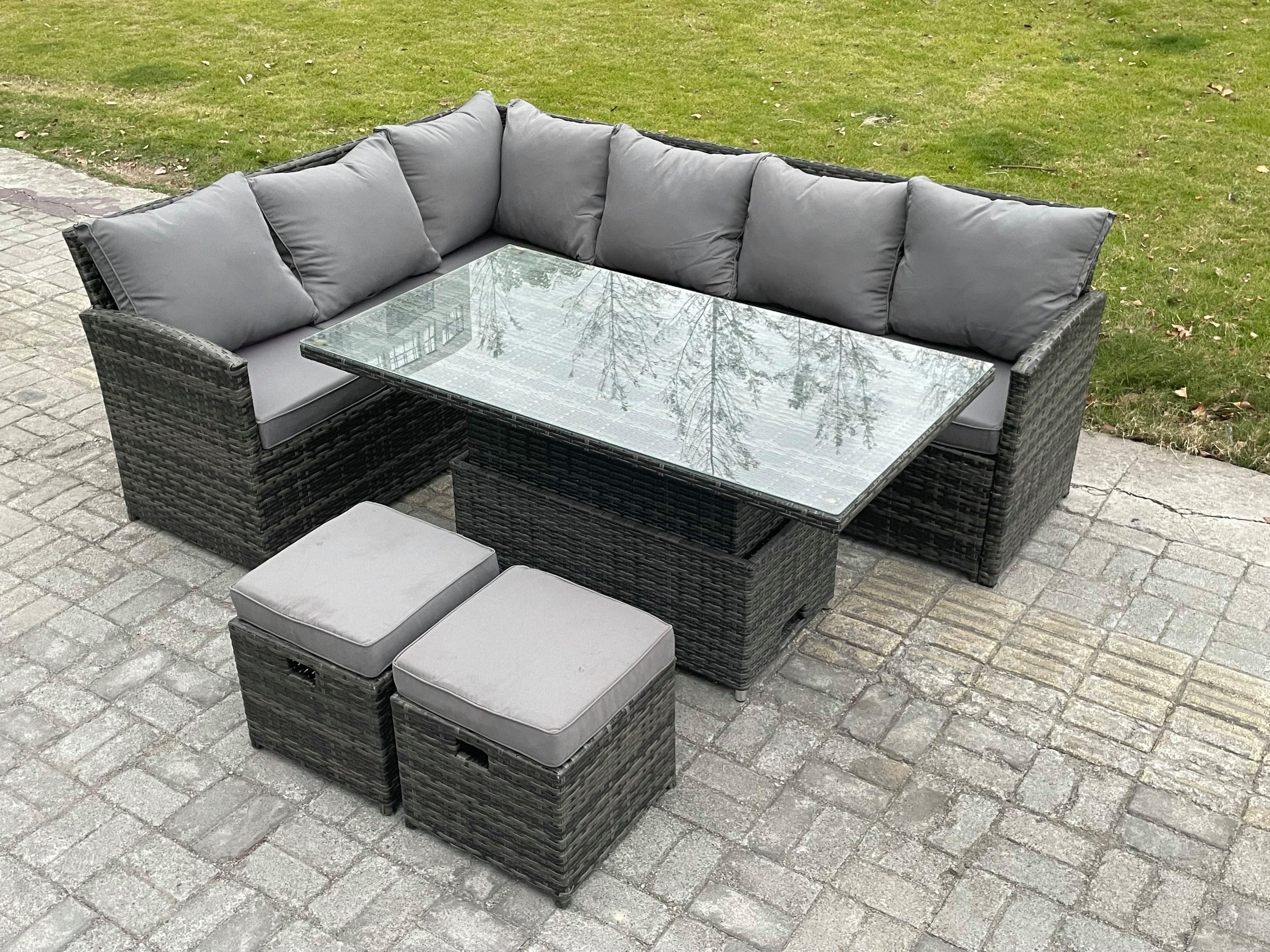 Wicker PE Outdoor Rattan Garden Furniture Set Height Adjustable Rising Lifting Table Sofa Dining Set 2 Small Footstools