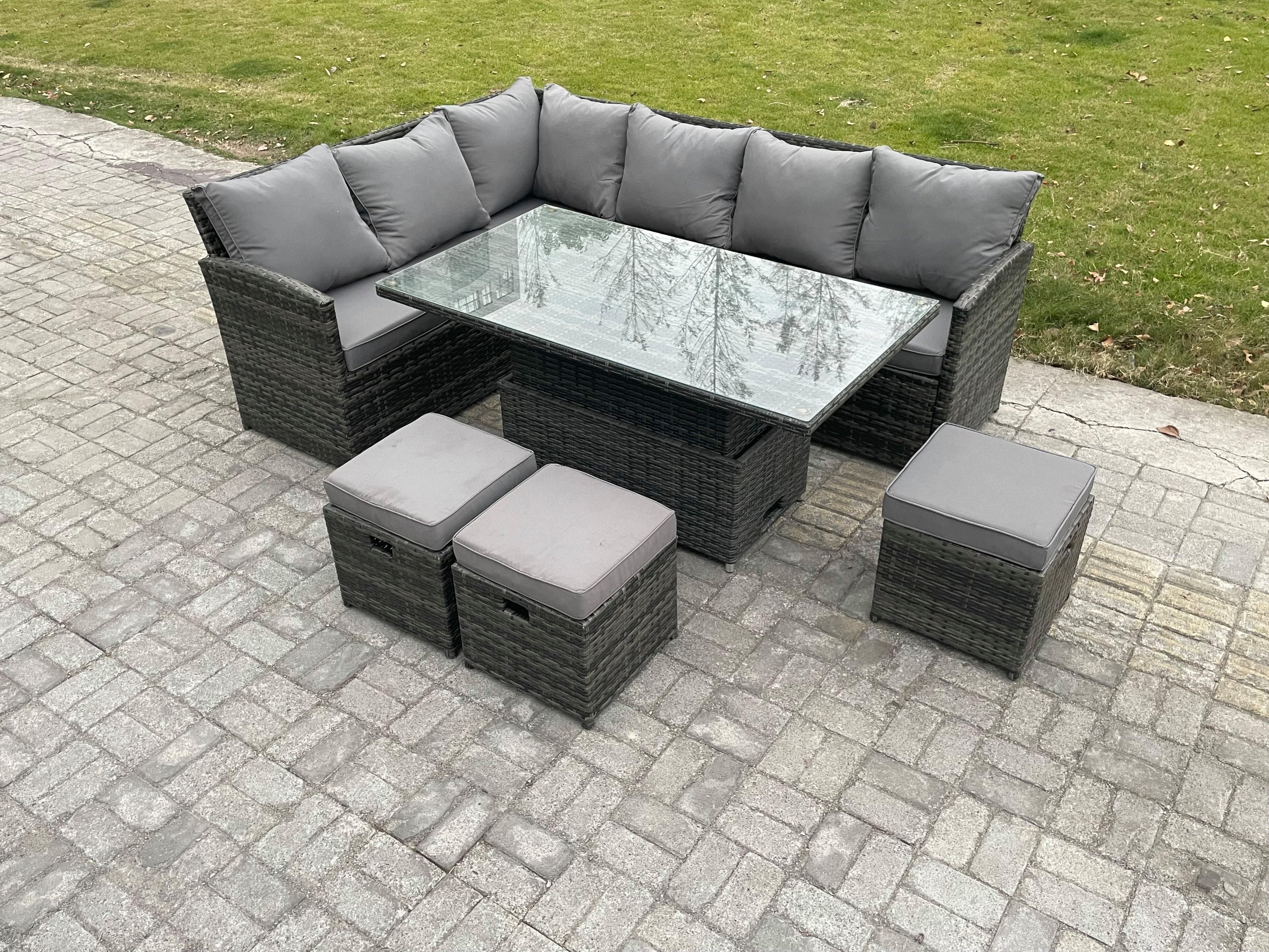 Wicker PE Outdoor Rattan Garden Furniture Set Height Adjustable Rising Lifting Table Sofa Dining Set 3 Small Footstools