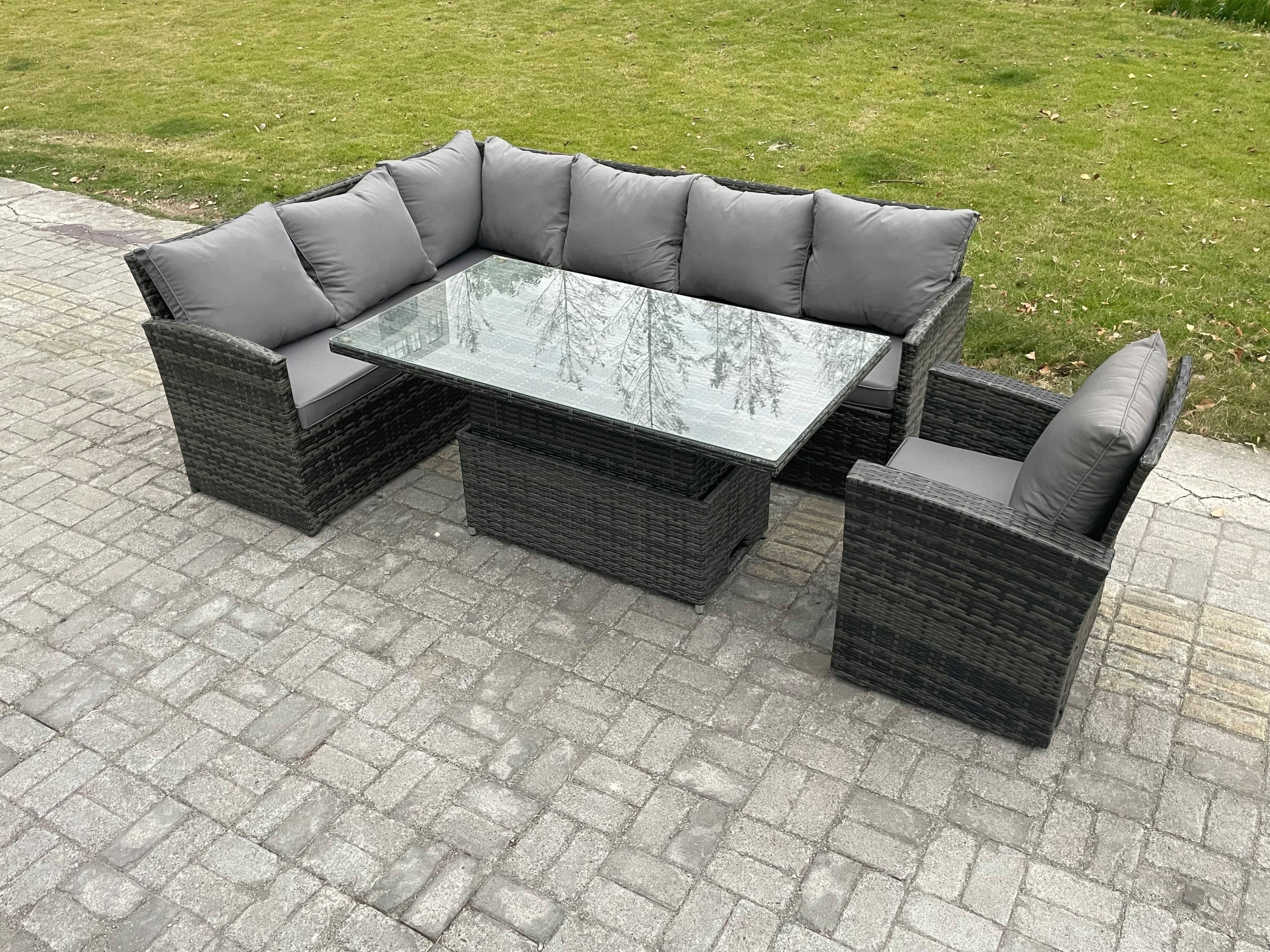 Wicker PE Outdoor Rattan Garden Furniture Set Height Adjustable Rising Lifting Table Sofa Dining Set Armchair Dark Grey Mixed