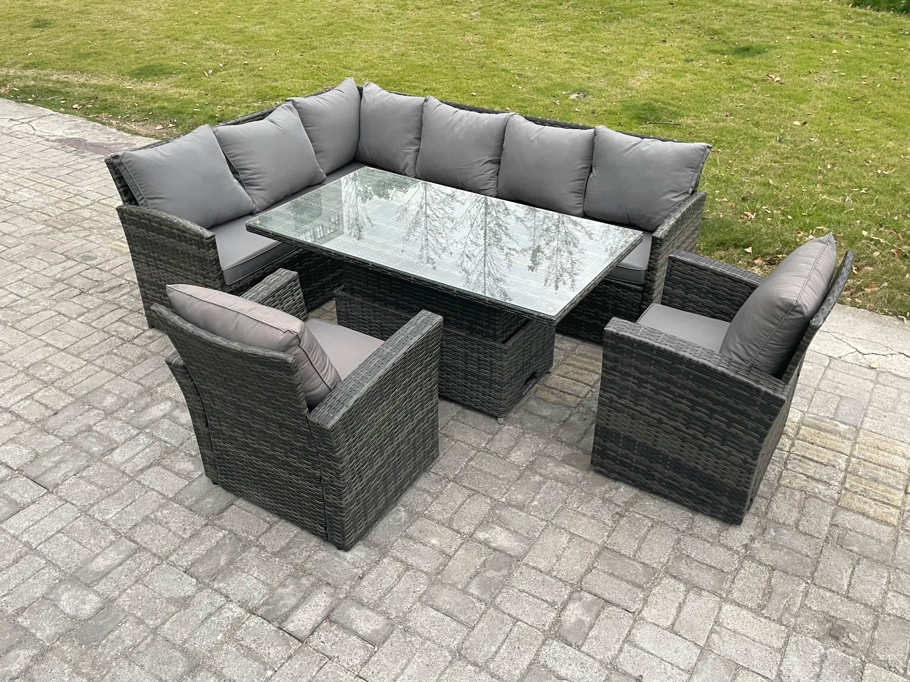 Wicker PE Outdoor Rattan Garden Furniture Set Height Adjustable Rising Lifting Table Sofa Dining Set 2 Armchairs Dark Grey Mixed