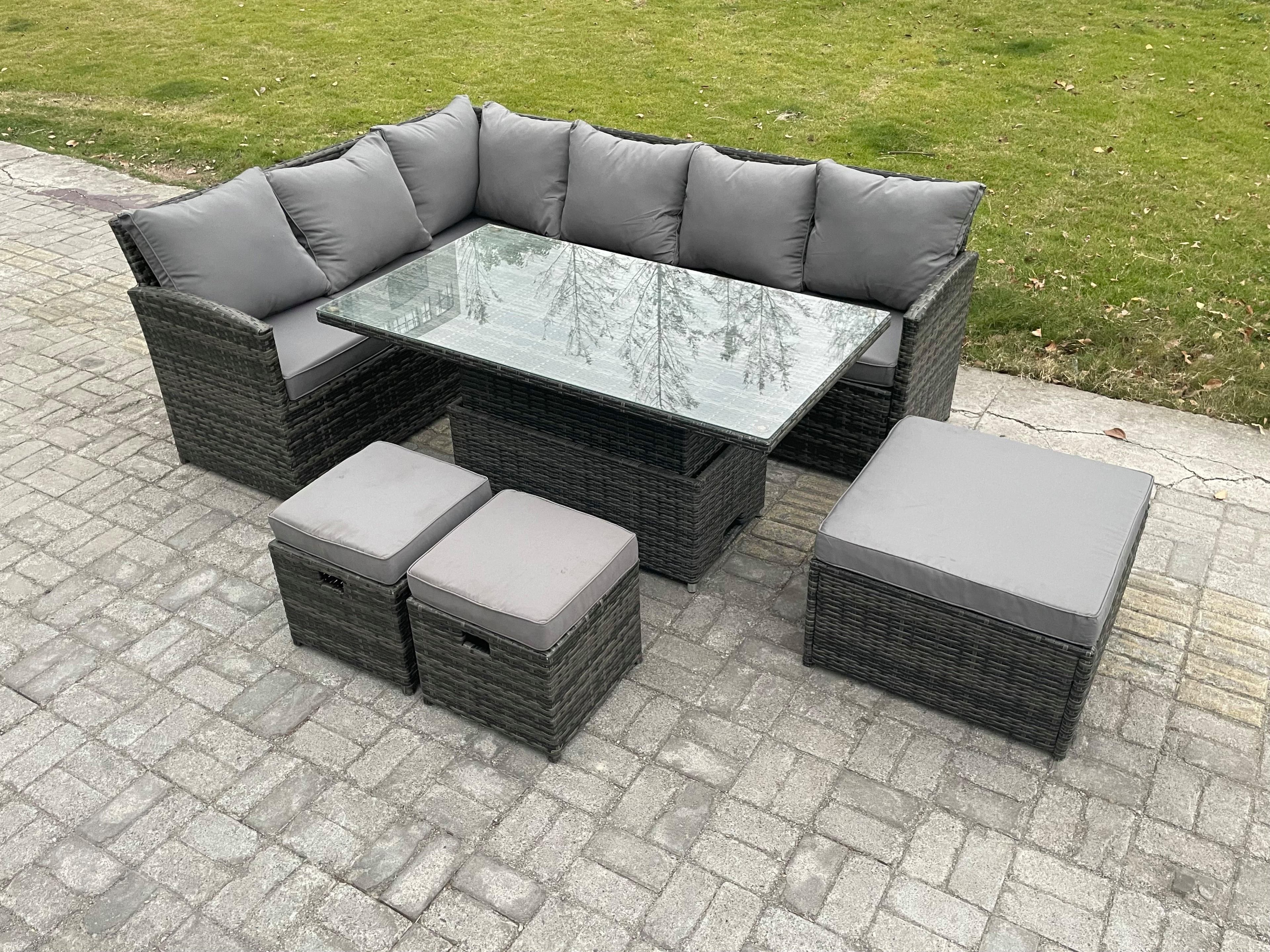 Wicker PE Outdoor Rattan Garden Furniture Set Height Adjustable Rising Lifting Table Sofa Dining Set 3 Footstools Dark Grey Mixed