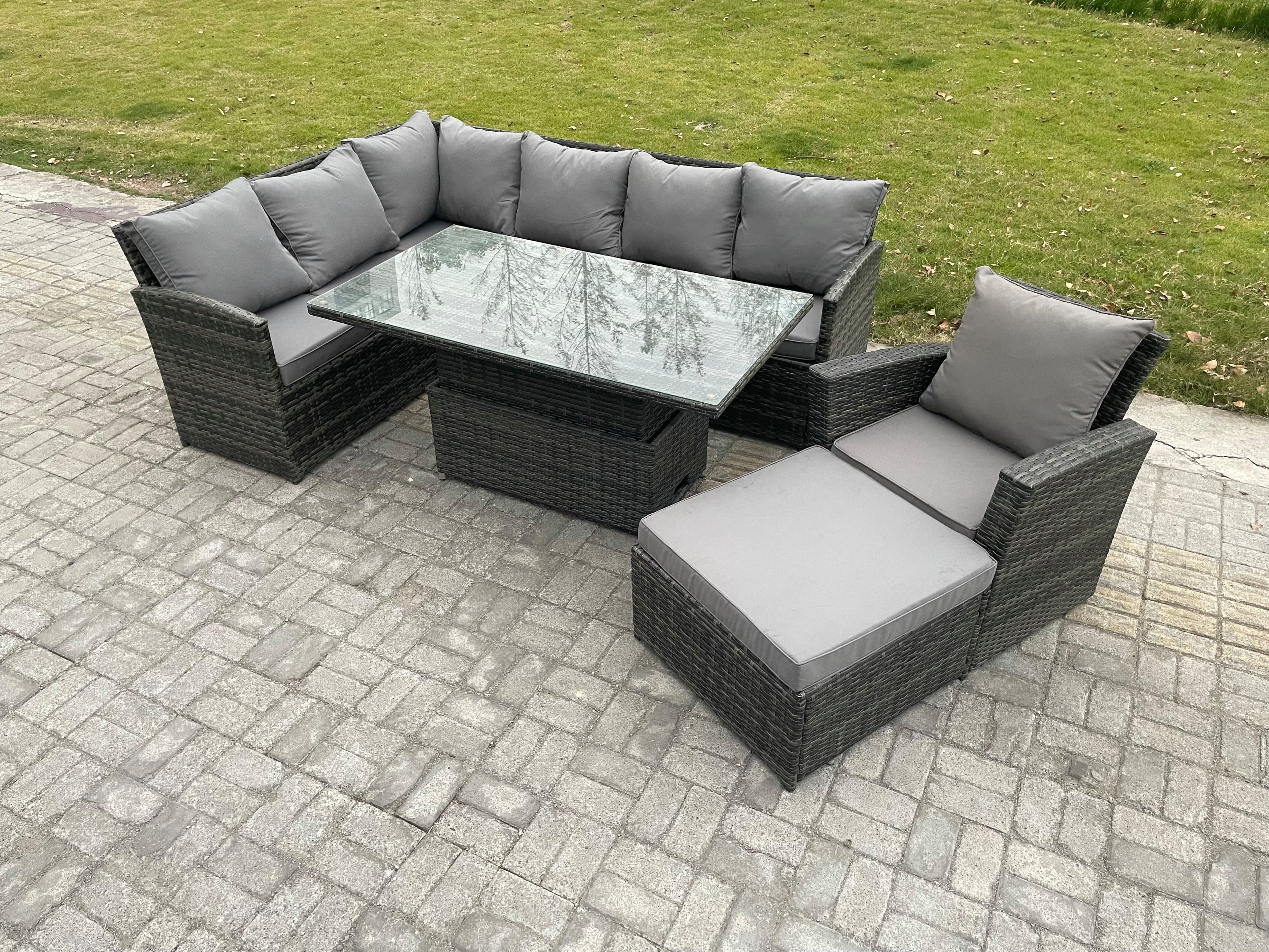 Wicker PE Outdoor Rattan Garden Furniture Set Height Adjustable Rising Lifting Table Sofa Dining Set Big Footstool Armchair