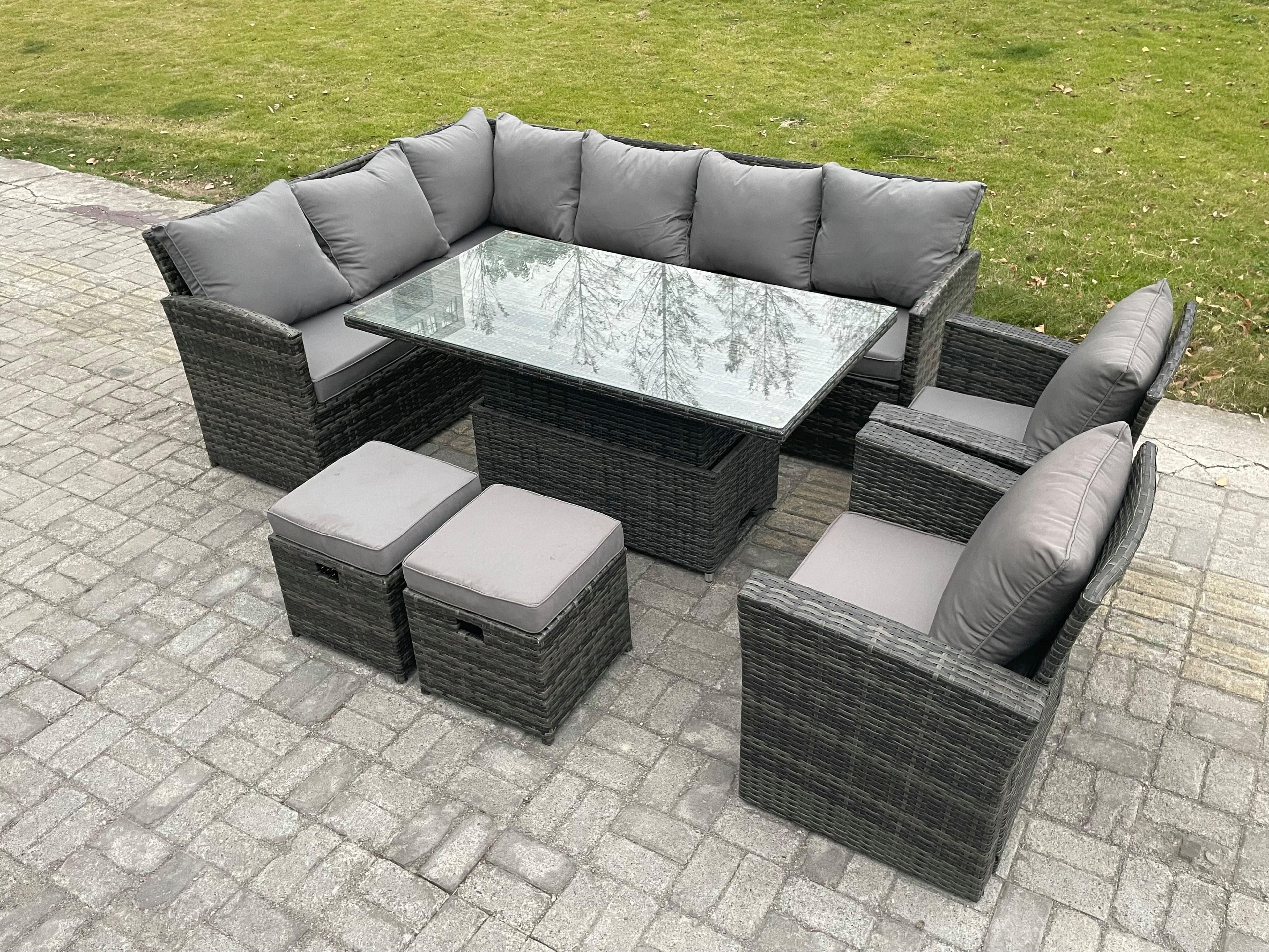 Outdoor Garden Furniture Set Wicker PE Rattan Height Adjustable Rising Lifting Table Sofa Dining Set 2 Small Footstool 2 Armchairs