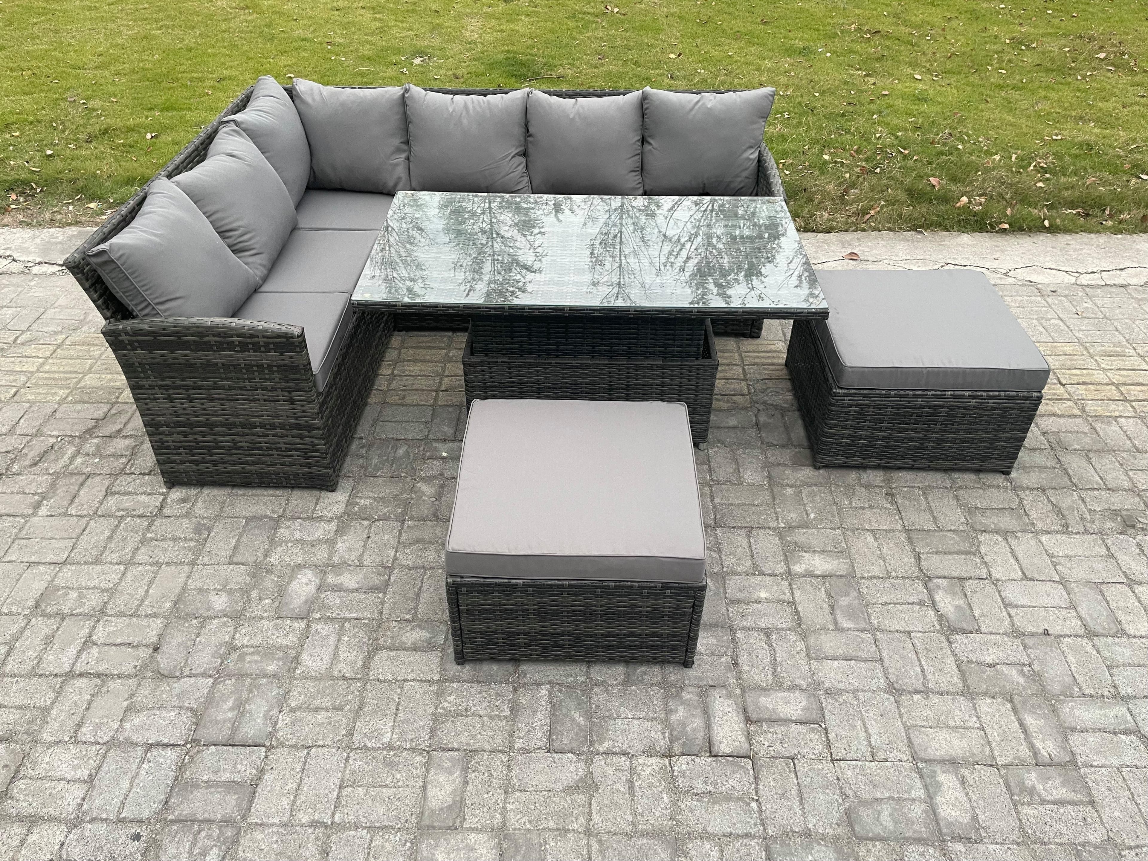 Outdoor Garden Furniture Set Wicker PE Rattan Height Adjustable Rising Lifting Table Sofa Dining Set 2 Big Footstool