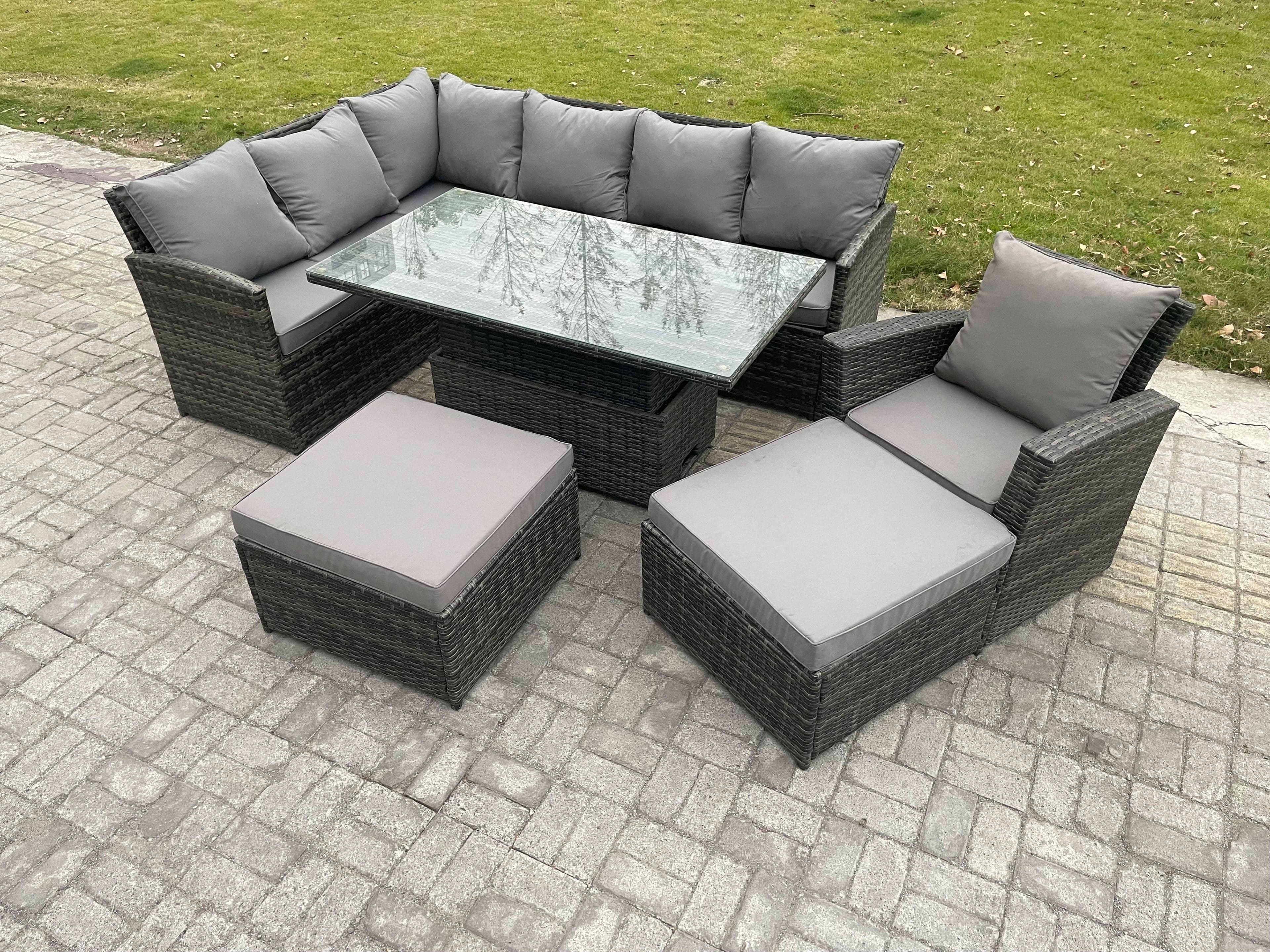 Outdoor Garden Furniture Set Wicker PE Rattan Height Adjustable Rising Lifting Table Sofa Dining Set 2 Big Footstool Armchair