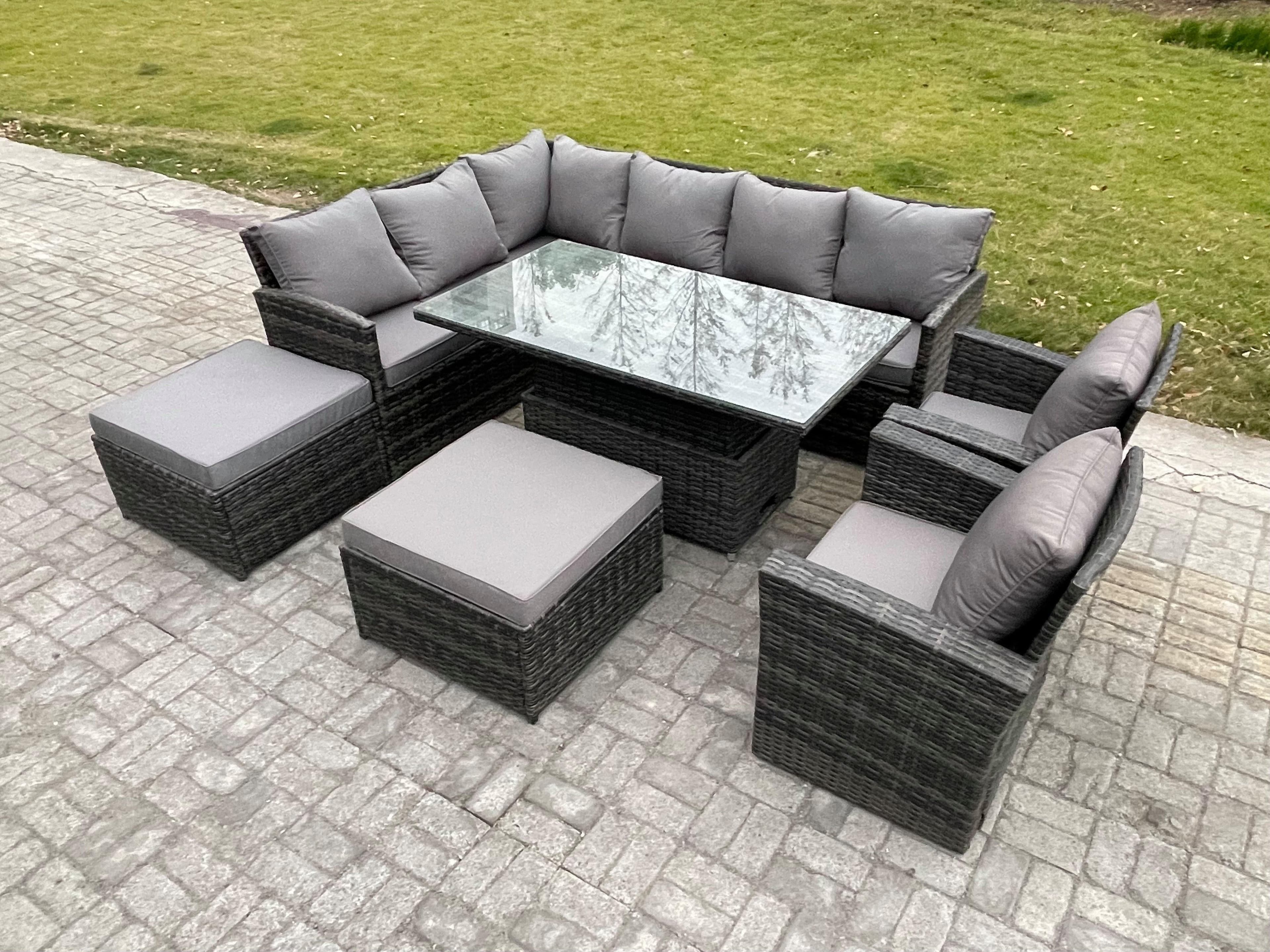 Outdoor Garden Furniture Set Wicker PE Rattan Height Adjustable Rising Lifting Table Sofa Dining Set 2 Big Footstool 2 Armchairs
