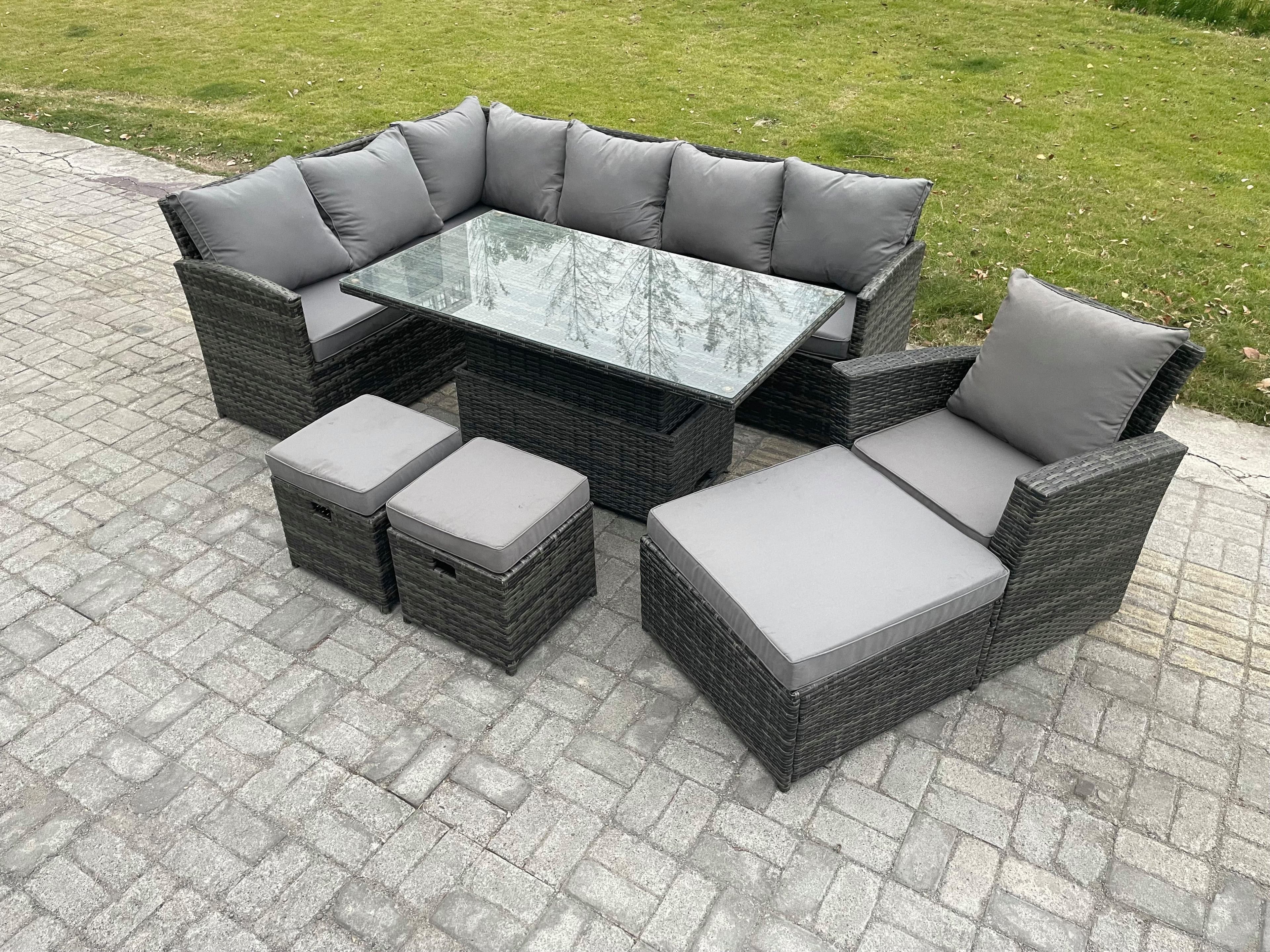 Outdoor Garden Furniture Set Wicker PE Rattan Height Adjustable Rising Lifting Table Sofa Dining Set 3 Footstools Armchair
