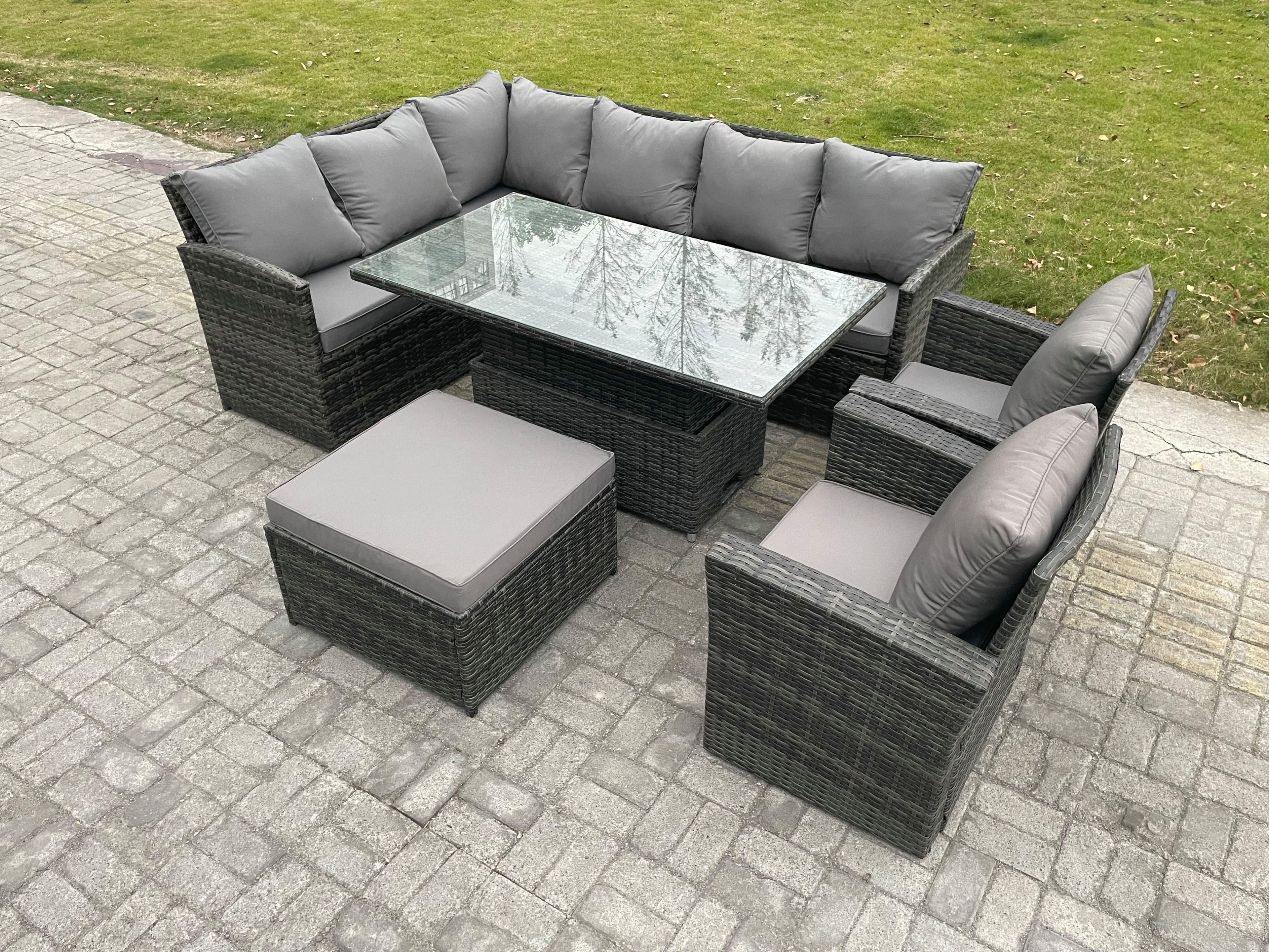 Outdoor Garden Furniture Set Wicker PE Rattan Height Adjustable Rising Lifting Table Sofa Dining Set Big Footstool 2 Armchairs