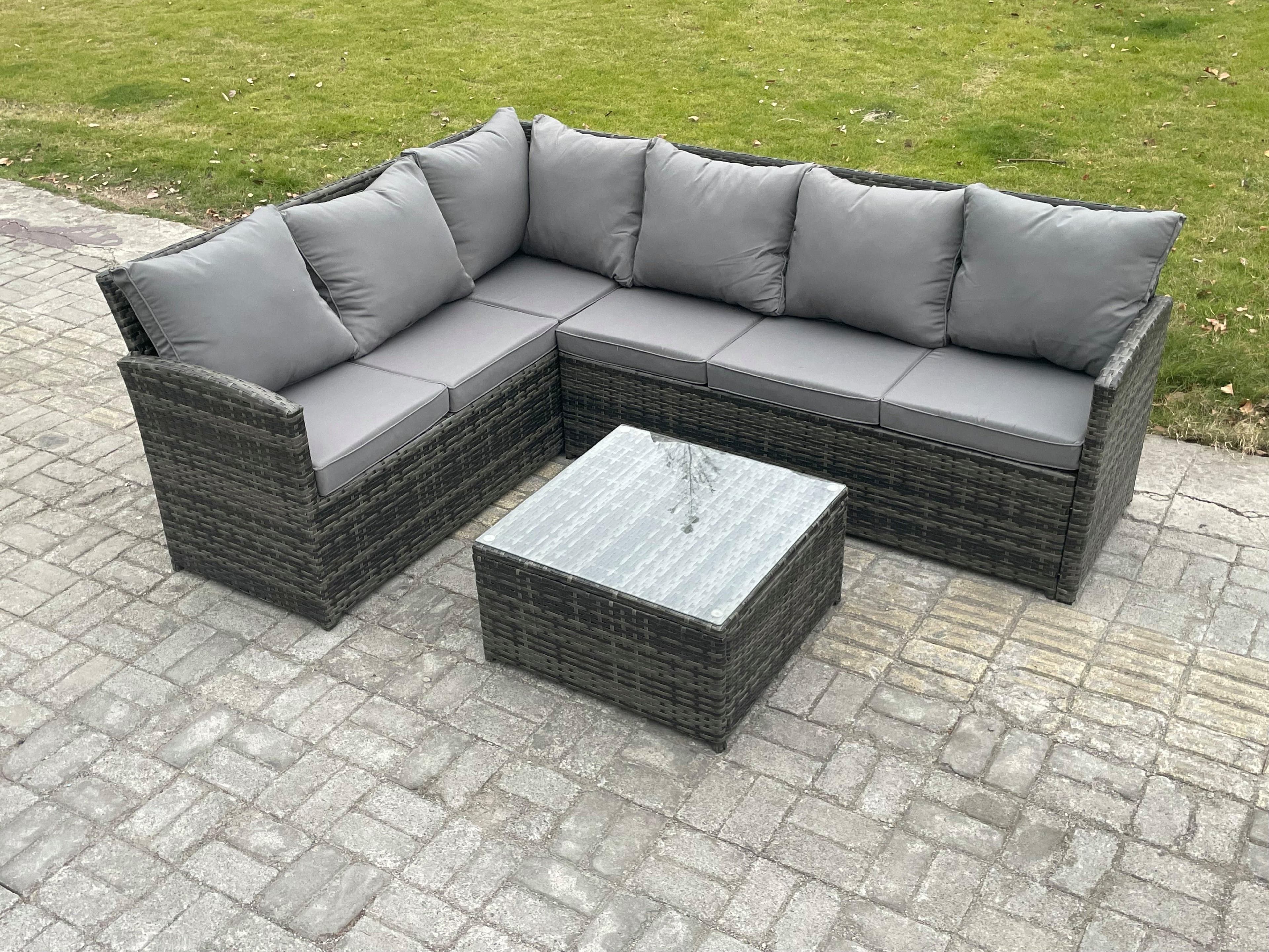 6 Seater Outdoor Garden Furniture Set Wicker PE Rattan Corner Sofa Set Square Coffee Table Dark Grey Mixed