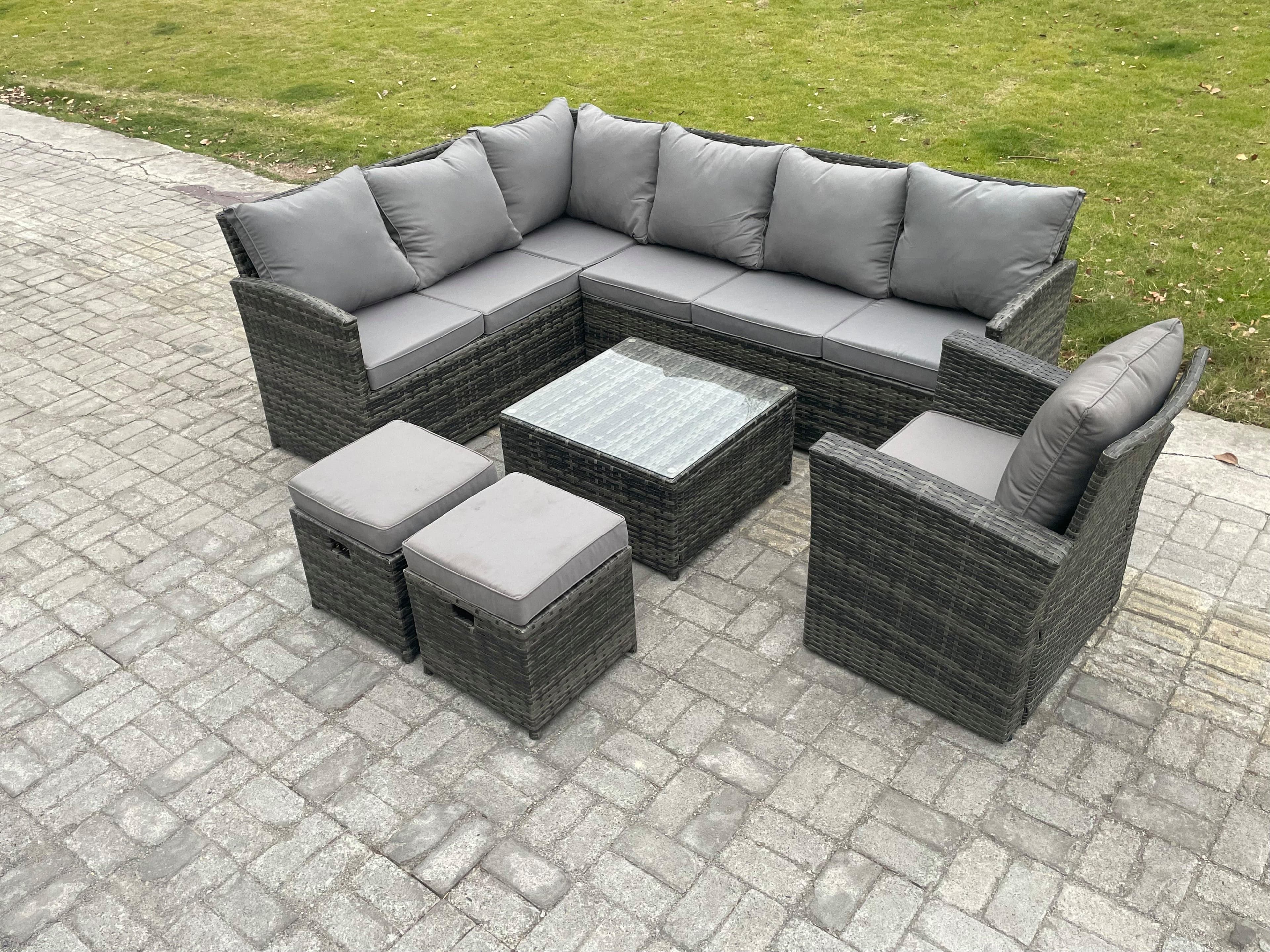 9 Seater Outdoor Garden Furniture Set Wicker PE Rattan Corner Sofa Set Square Coffee Table 2 Small Footstools Armchair