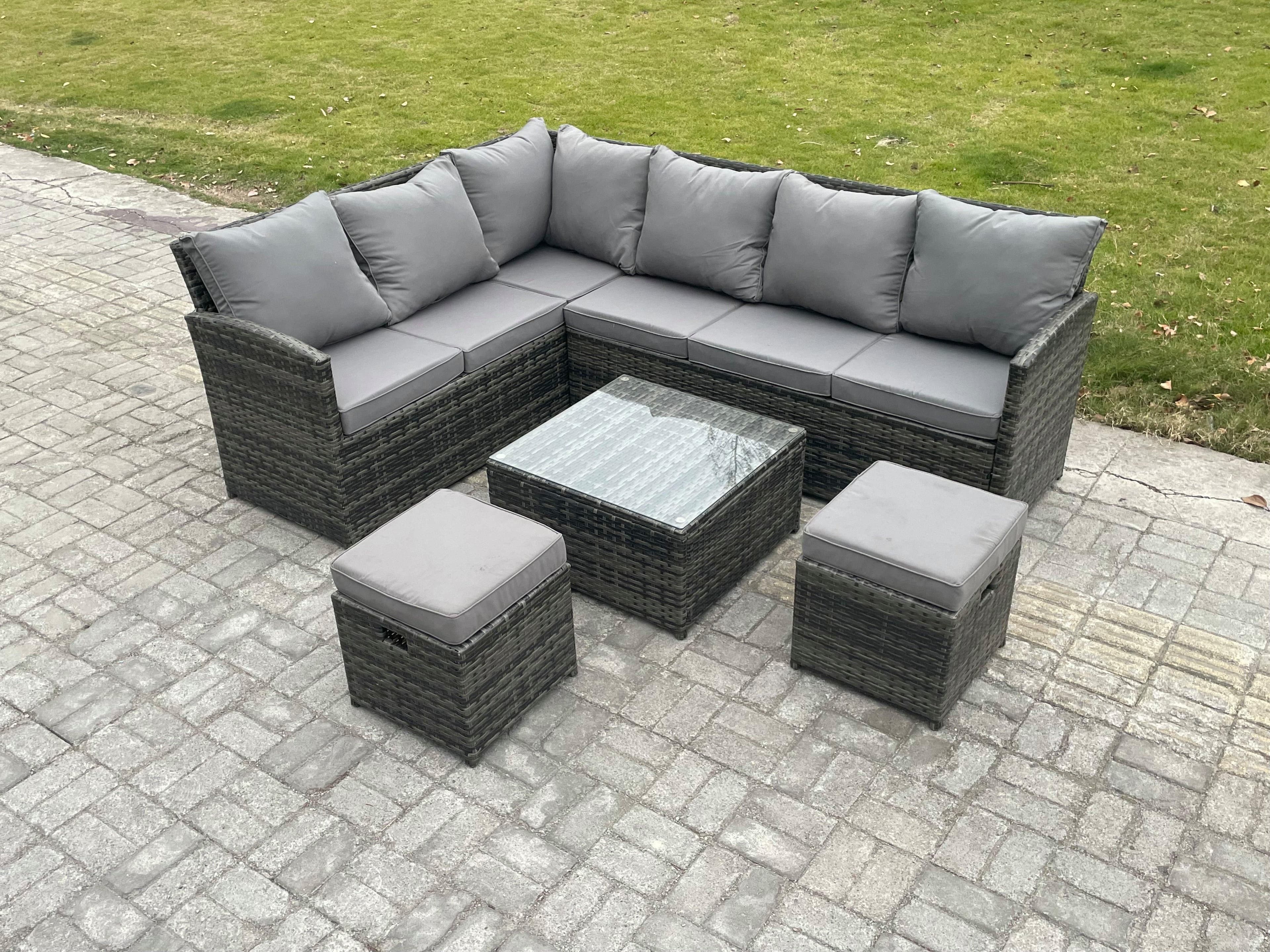 8 Seater Outdoor Garden Furniture Set Wicker PE Rattan Corner Sofa Set Square Coffee Table 2 Small Footstools Dark Grey Mixed