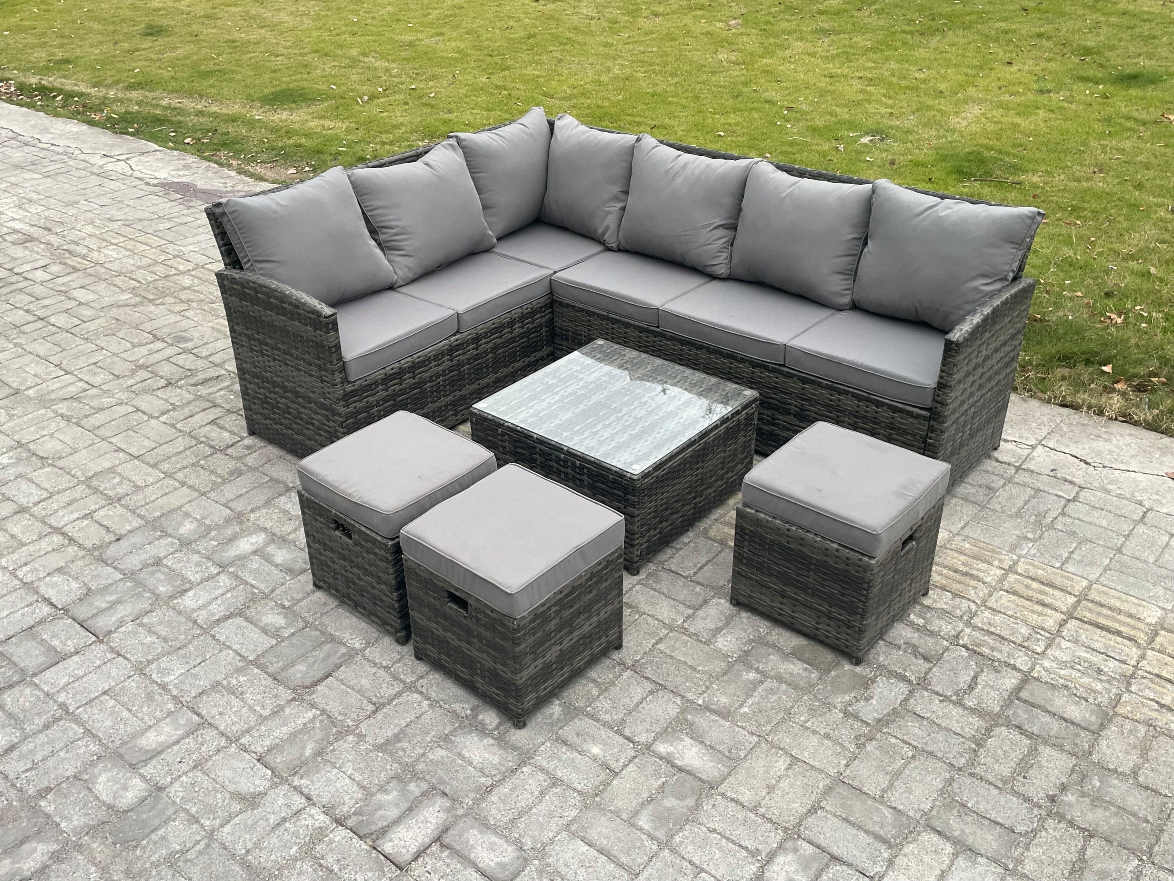 9 Seater Outdoor Garden Furniture Set Wicker PE Rattan Corner Sofa Set Square Coffee Table 3 Footstools Dark Grey Mixed