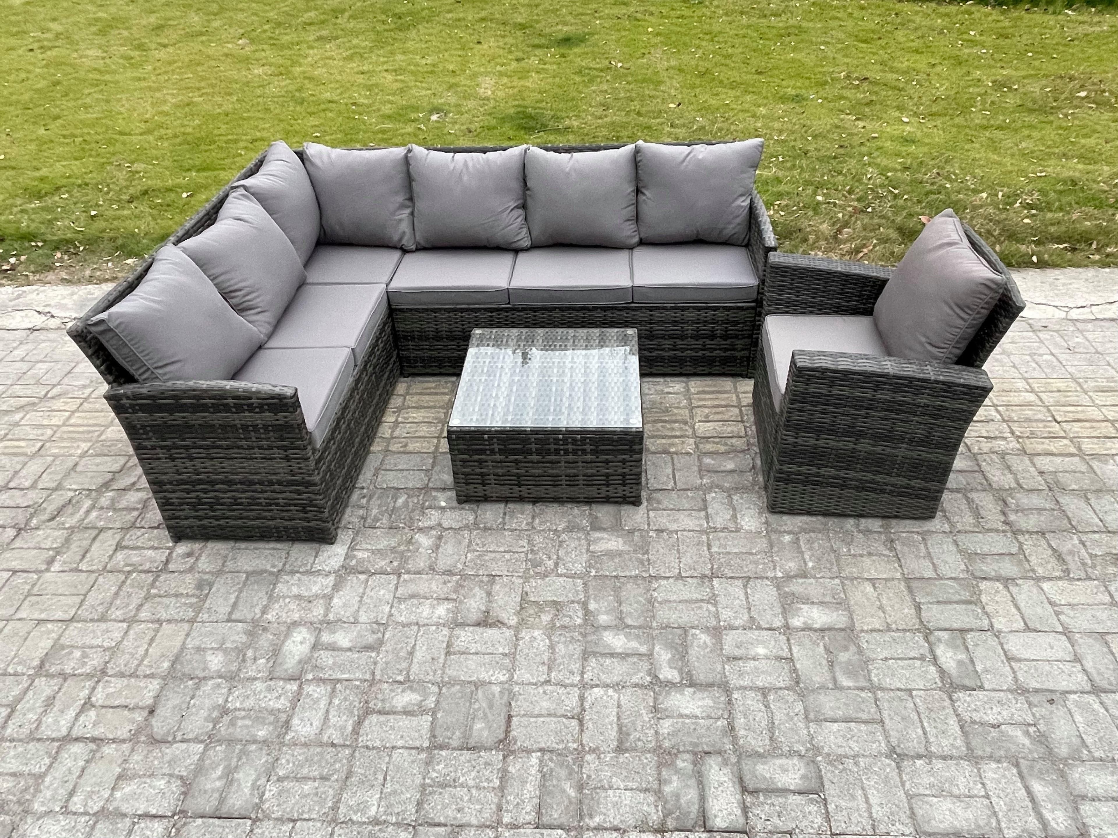 7 Seater Outdoor Garden Furniture Set Wicker PE Rattan Corner Sofa Set Square Coffee Table Armchairs Dark Grey Mixed