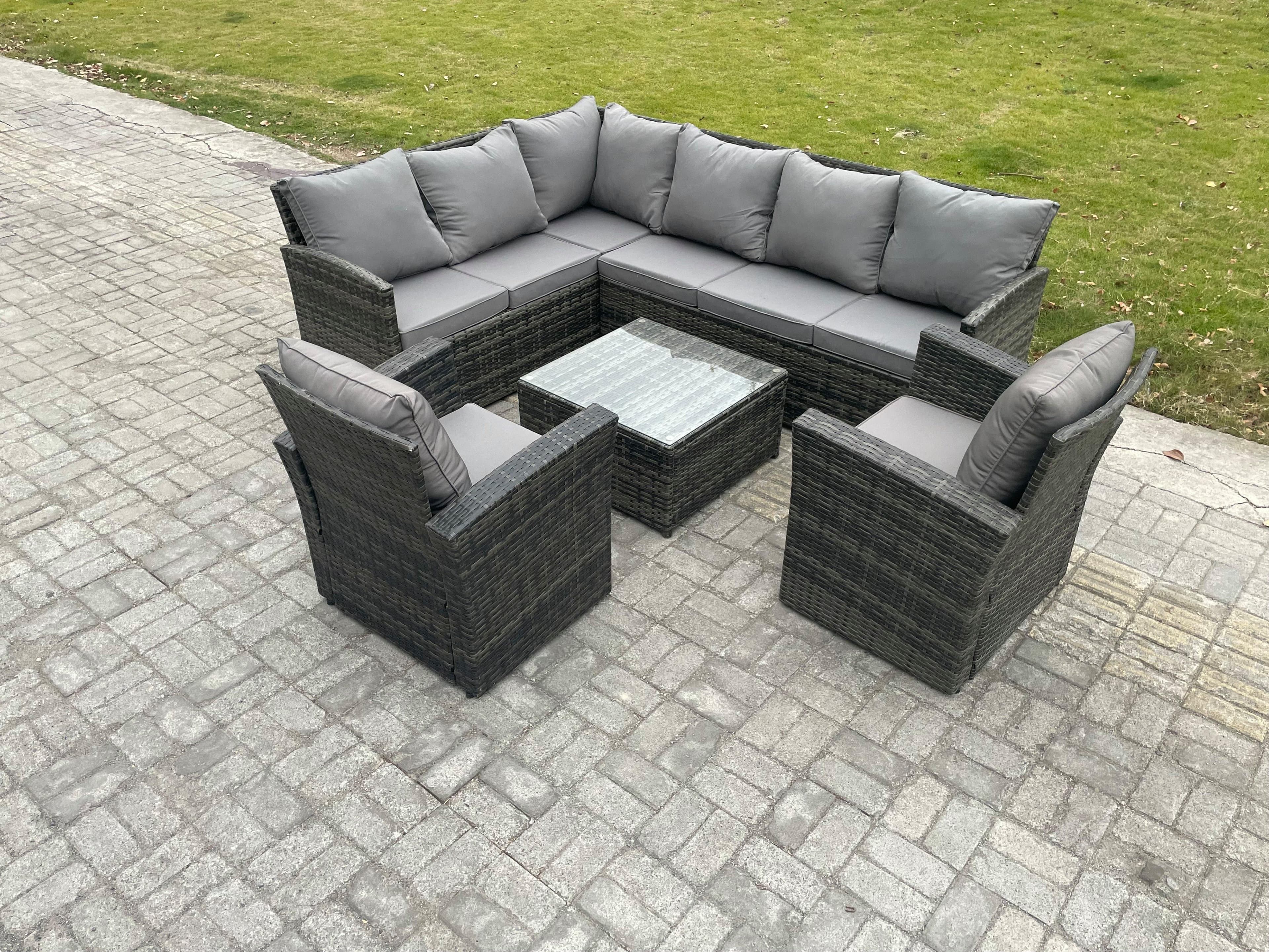 8 Seater Outdoor Garden Furniture Set Wicker PE Rattan Corner Sofa Set Square Coffee Table 2 Armchairs Dark Grey Mixed