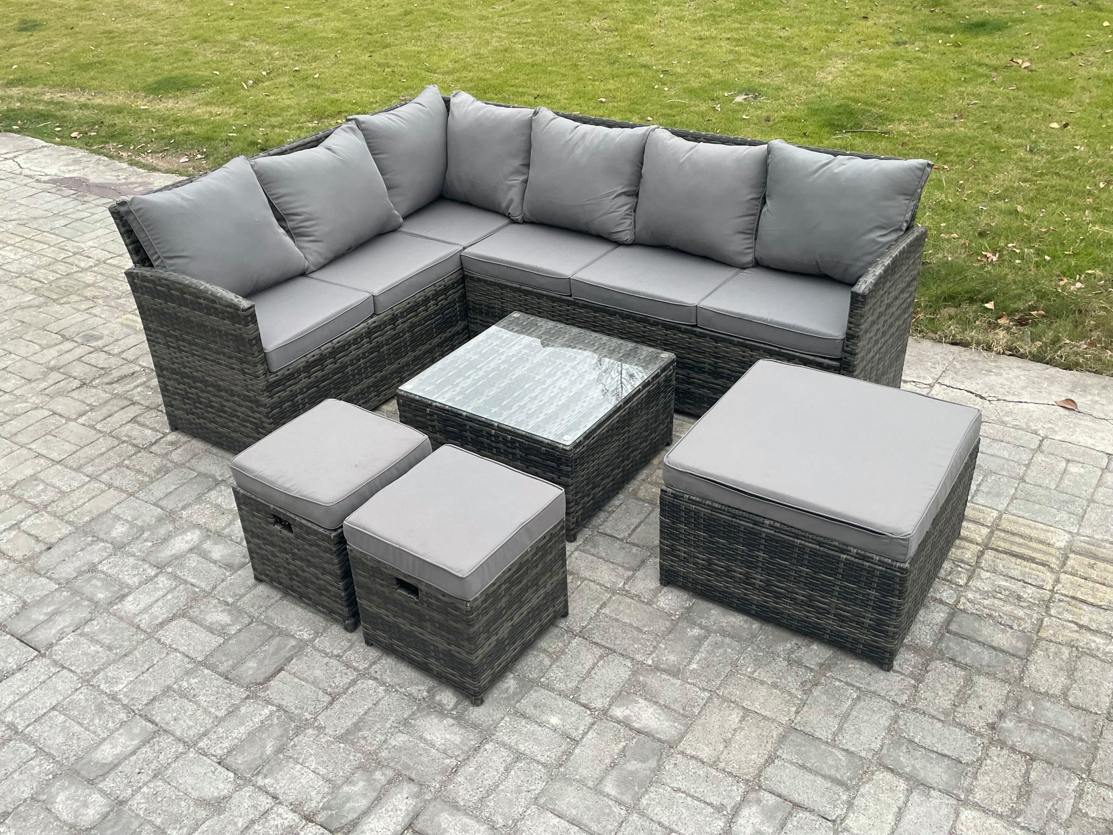 9 Seater Outdoor Garden Furniture Set Wicker PE Rattan Corner Sofa Set Square Coffee Table Footstools Dark Grey Mixed