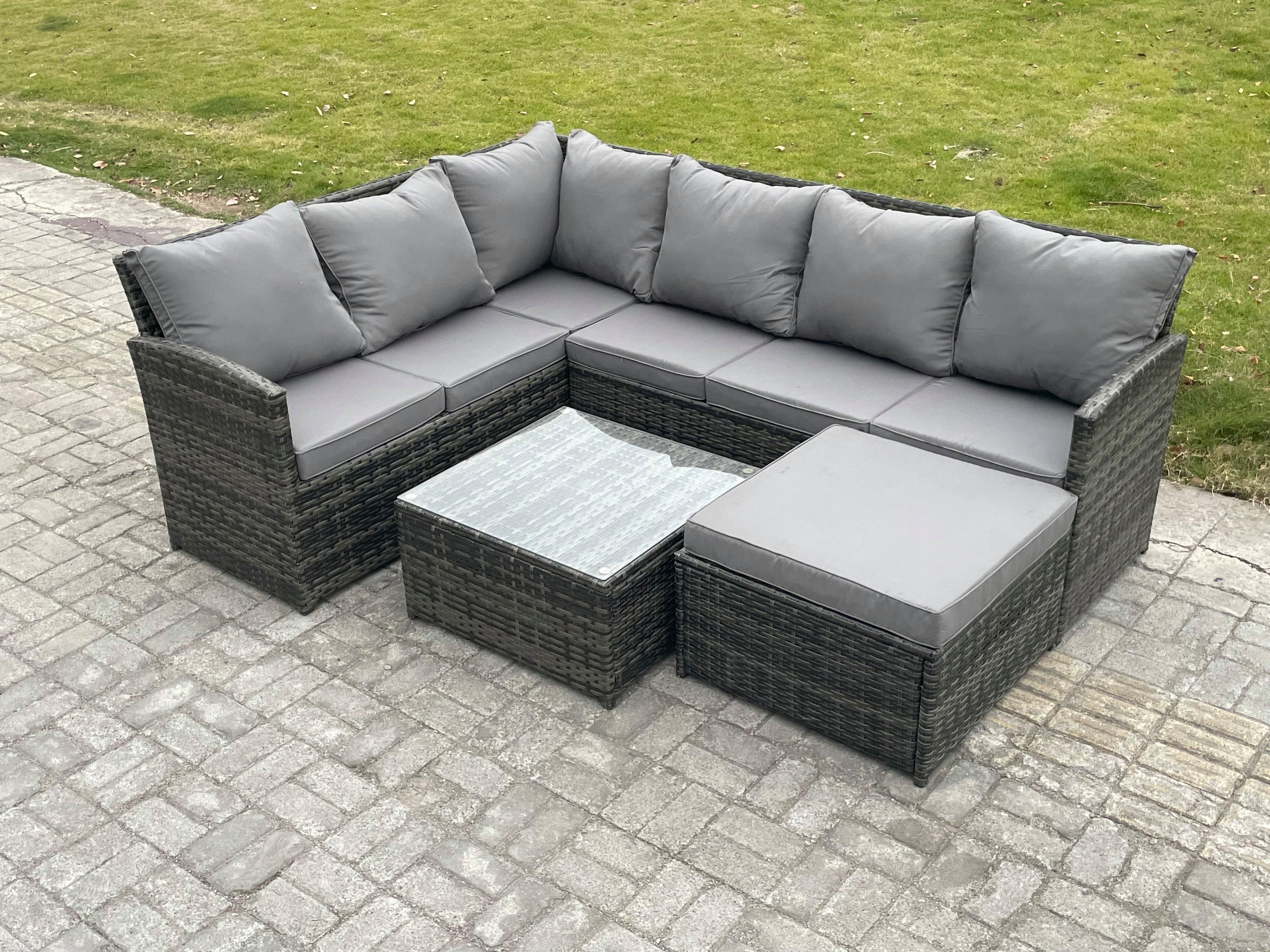 7 Seater Outdoor Garden Furniture Set Wicker PE Rattan Corner Sofa Set Square Coffee Table Big Footstool Dark Grey Mixed