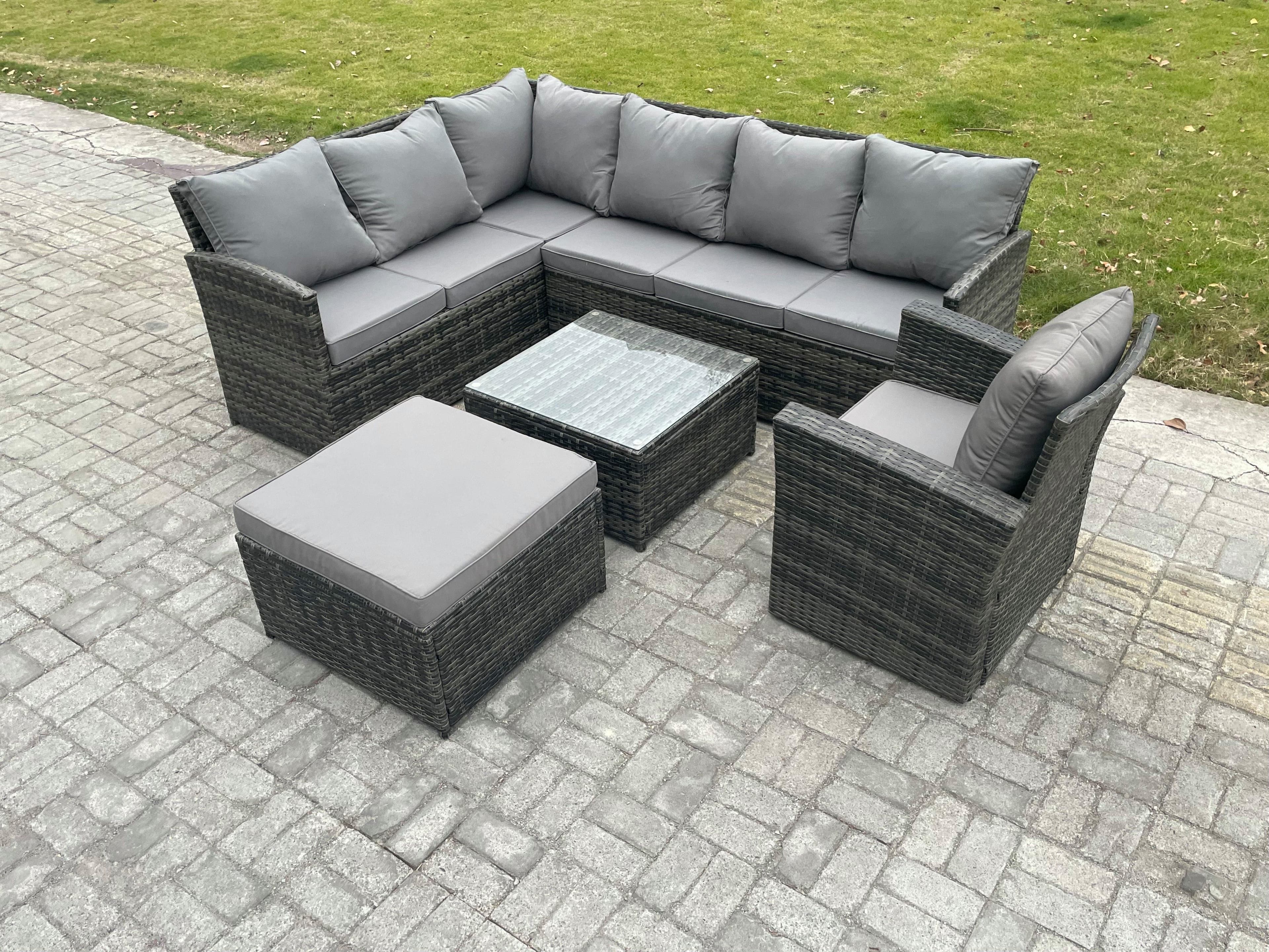 8 Seater Outdoor Garden Furniture Set Wicker PE Rattan Corner Sofa Set Square Coffee Table Big Footstool Armchair