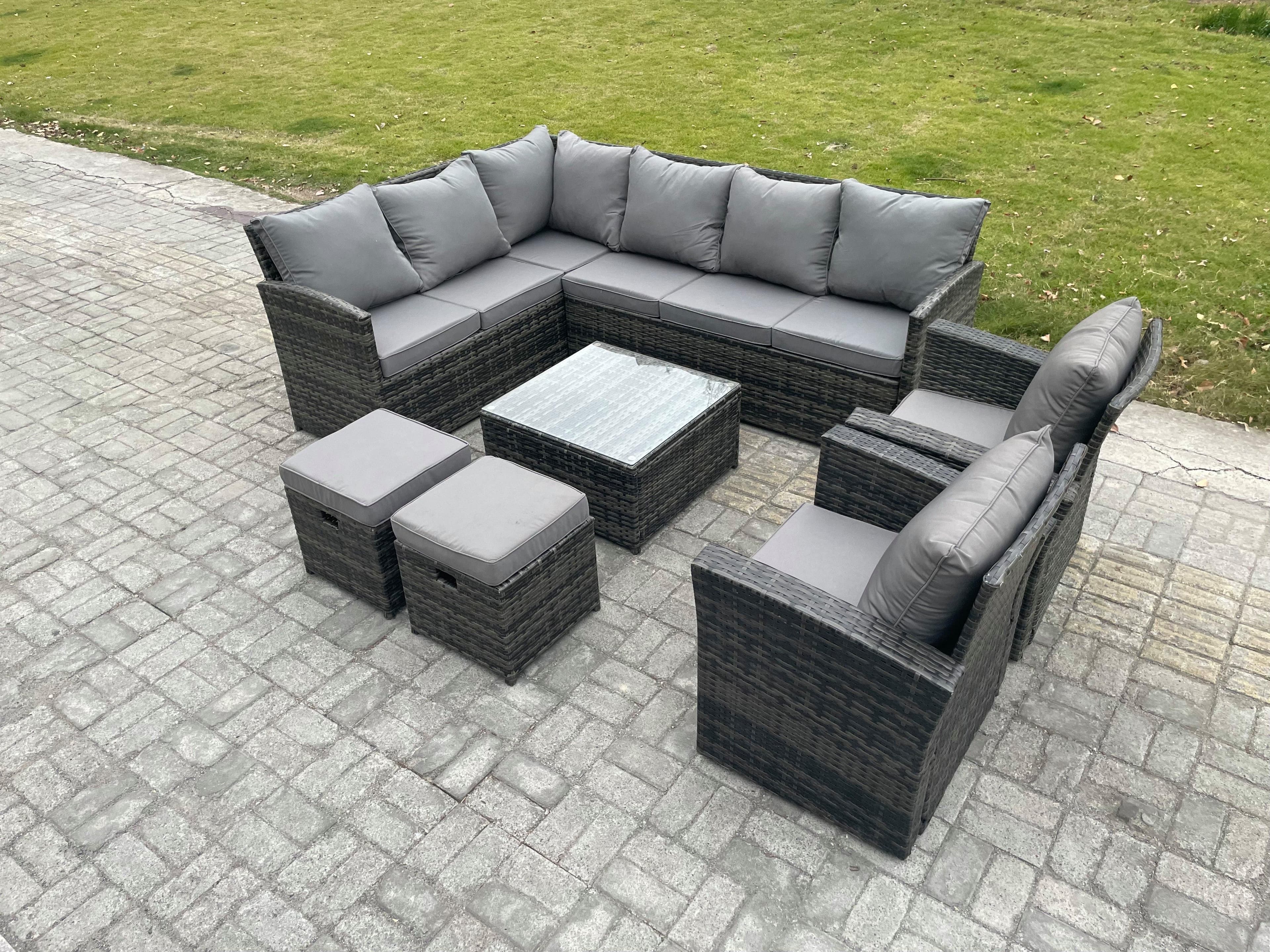 10 Seater Outdoor Garden Furniture Set Wicker PE Rattan Corner Sofa Set Square Coffee Table 2 Small Footstools 2 Armchairs