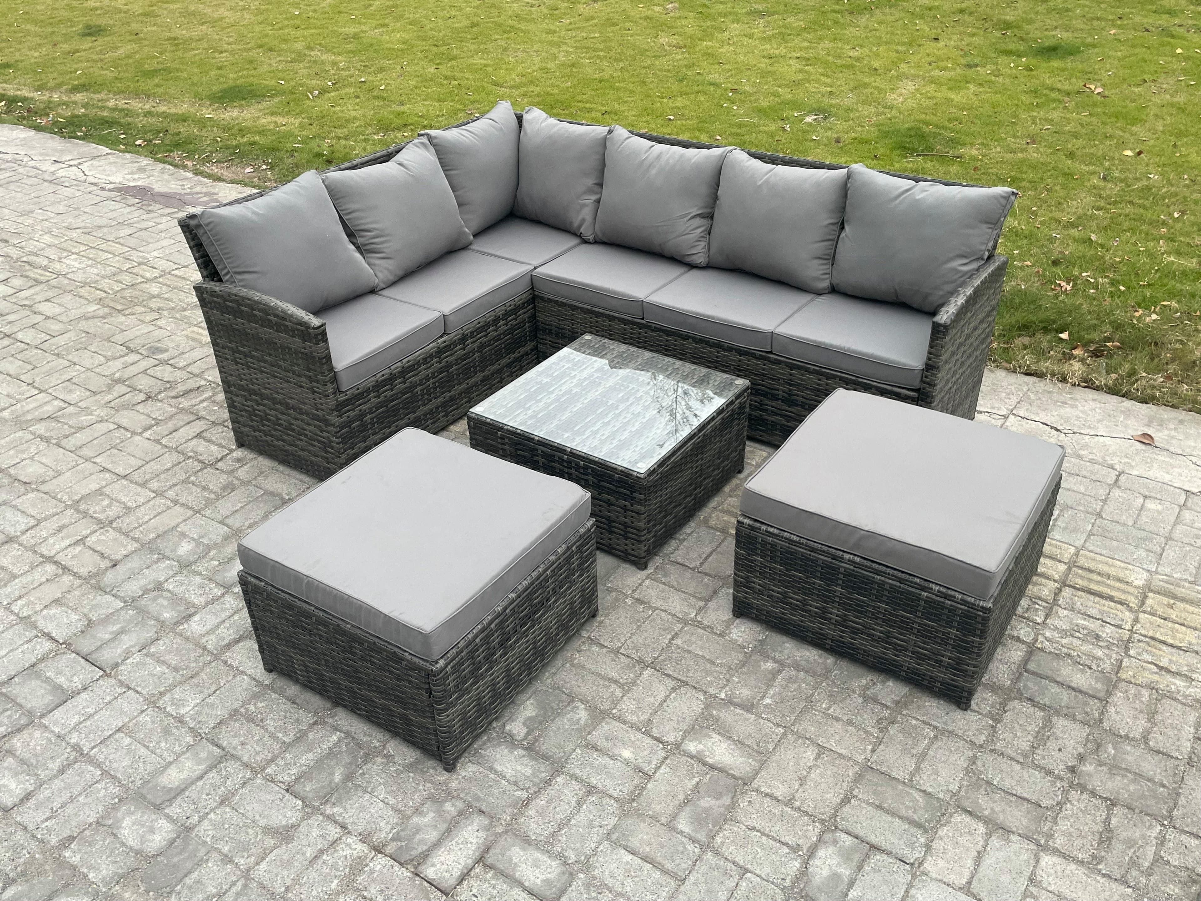8 Seater Outdoor Garden Furniture Set Wicker PE Rattan Corner Sofa Set Square Coffee Table 2 Big Footstool Dark Grey Mixed