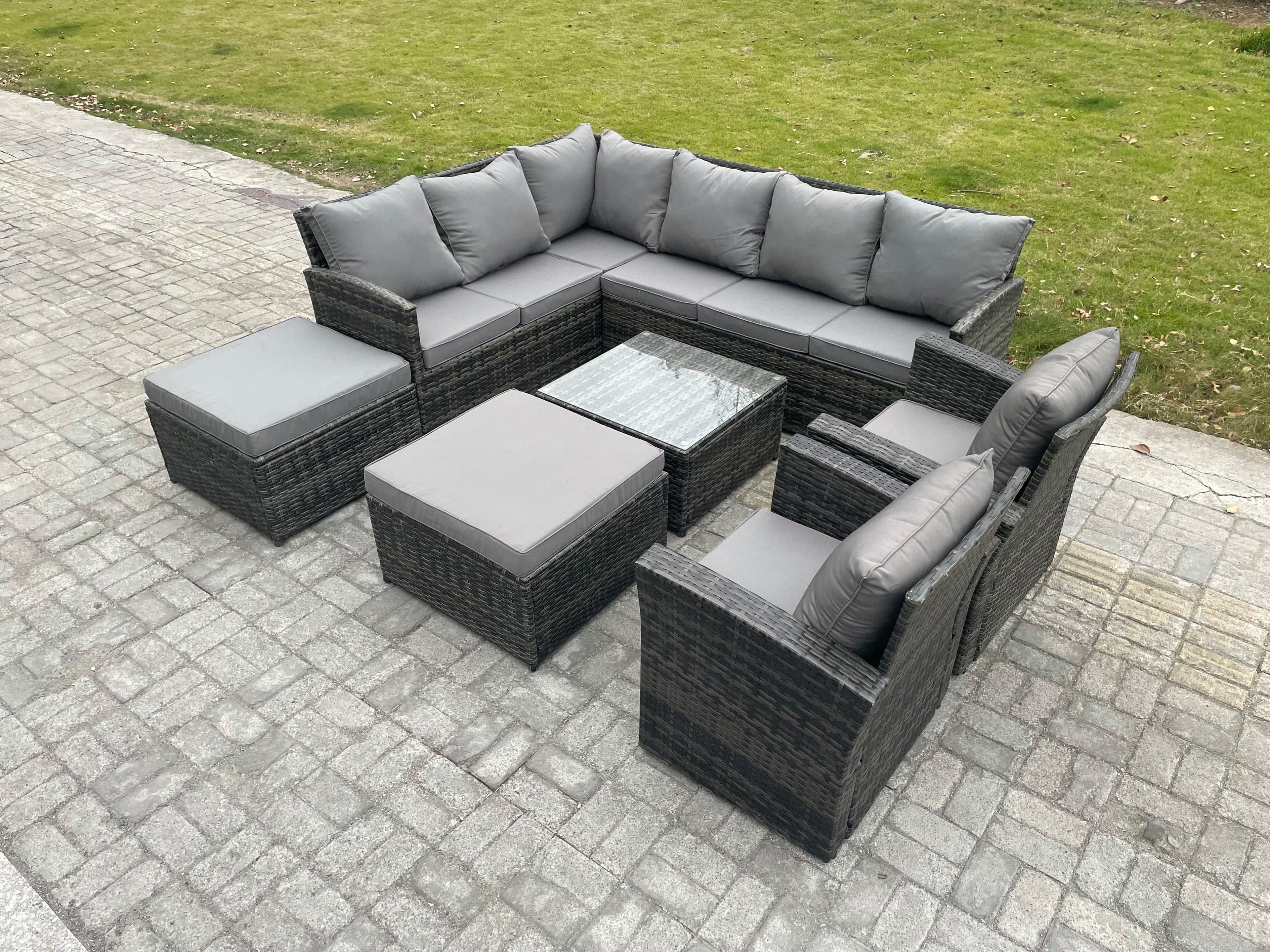 10 Seater Outdoor Garden Furniture Set Wicker PE Rattan Corner Sofa Set Square Coffee Table 2 Big Footstool