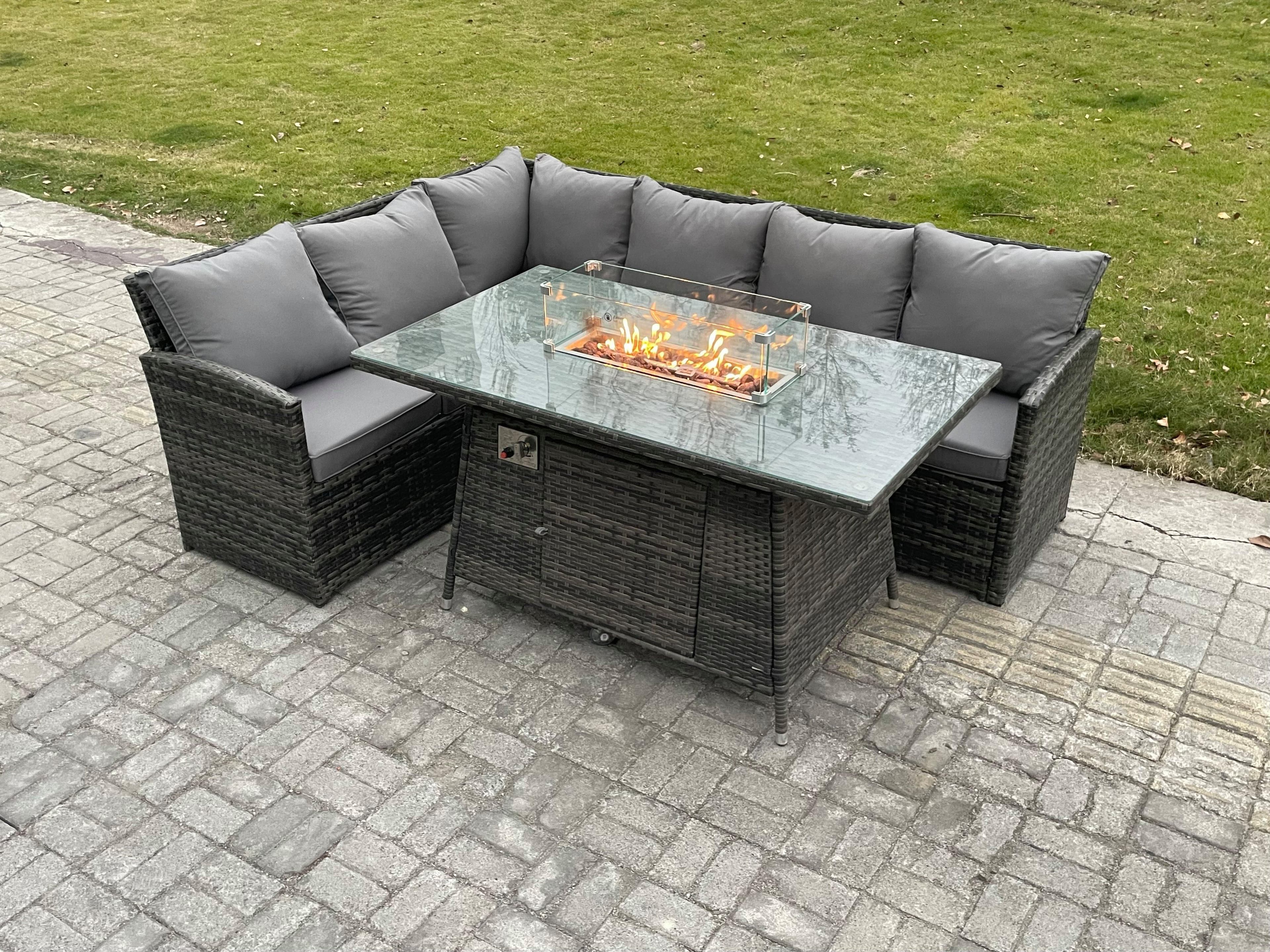 Rattan Garden Furniture High Back Corner Sofa Gas Fire Pit Dining Table Sets Gas Heater 6 Seater Dark Grey Mixed