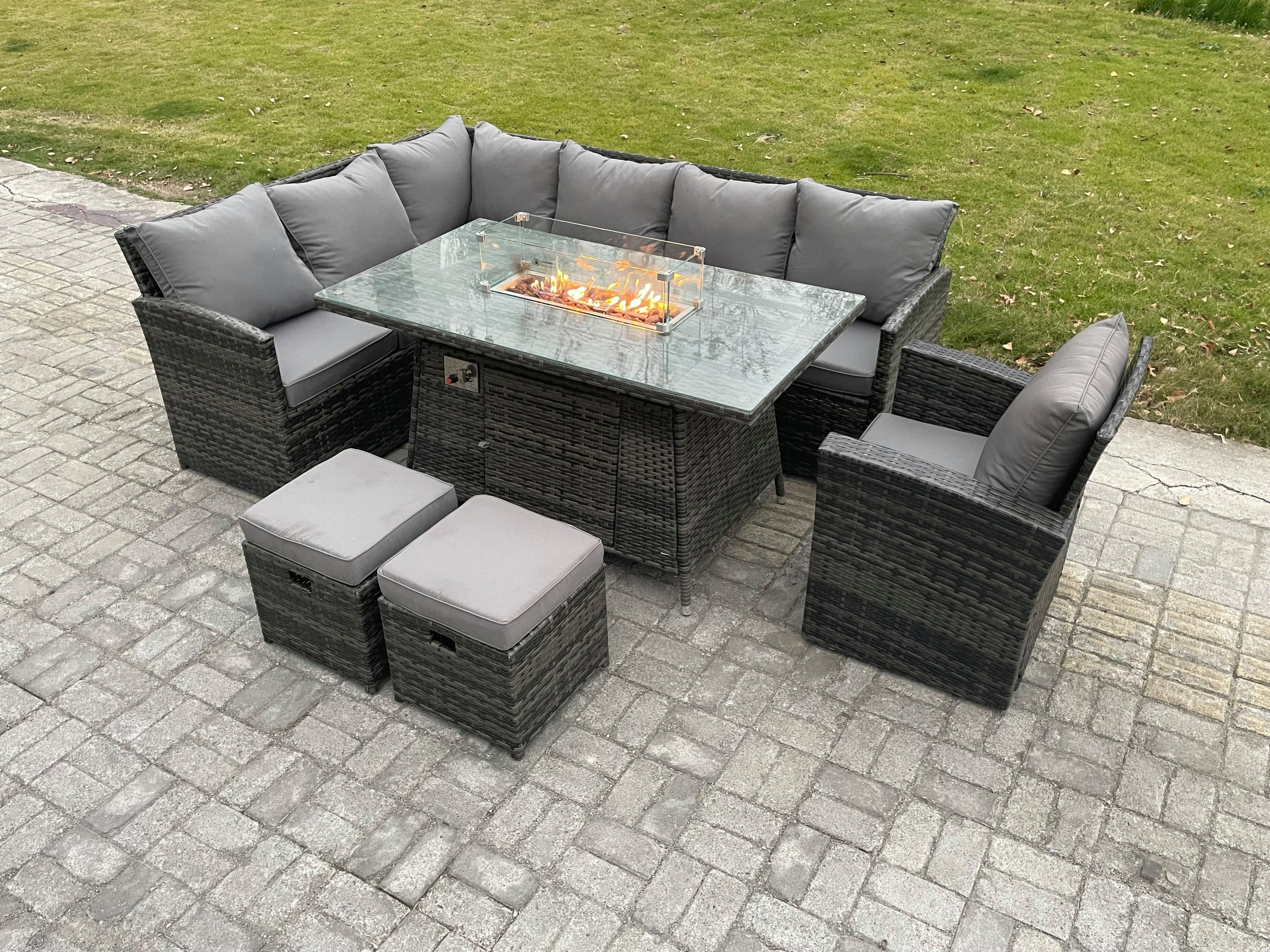 Rattan Garden Furniture High Back Corner Sofa Gas Fire Pit Dining Table Sets Gas Heater Armchair 2 Small Footstools