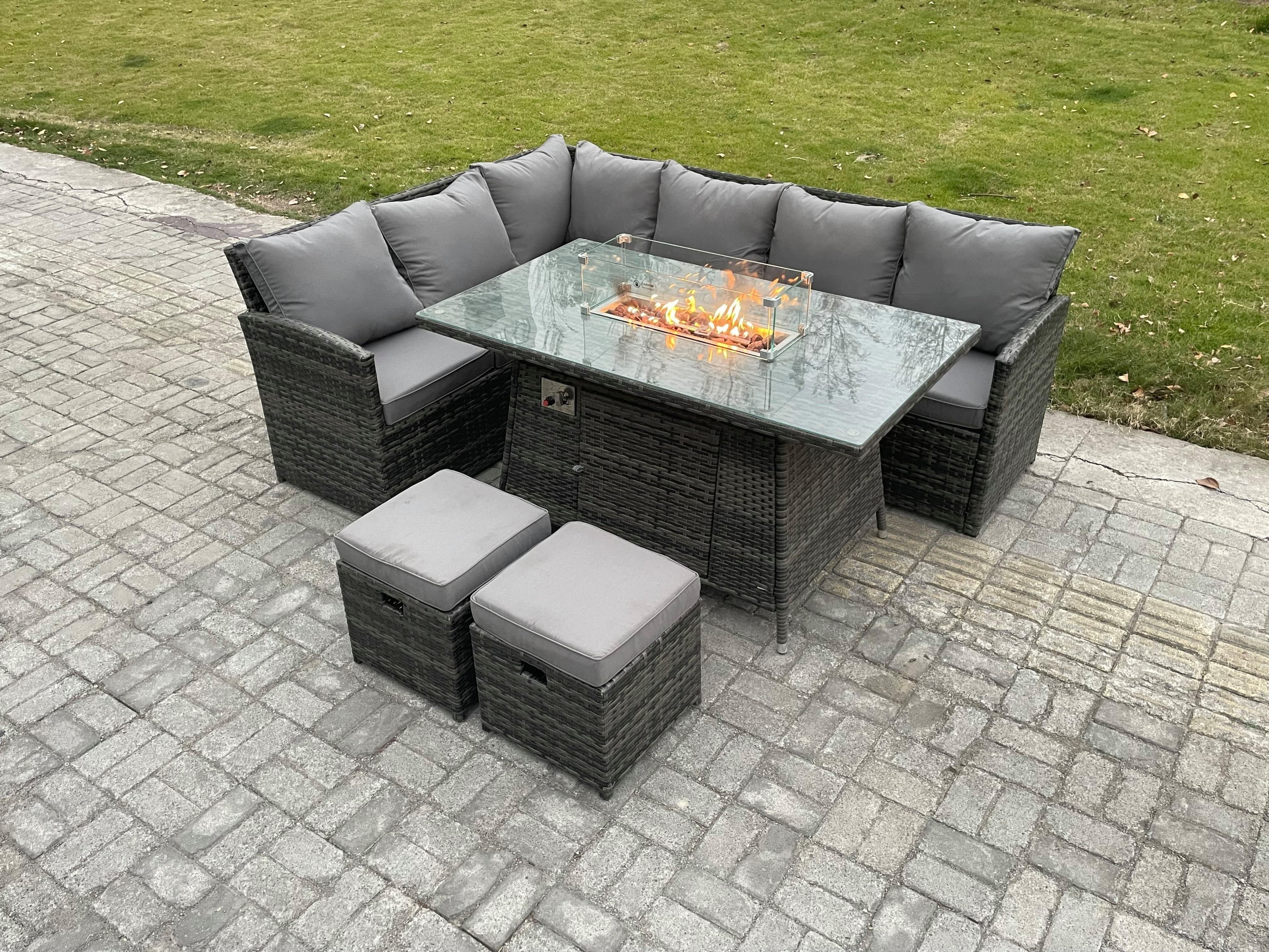 Rattan Garden Furniture High Back Corner Sofa Gas Fire Pit Dining Table Sets Gas Heater 2 Small Footstools 8 Seater