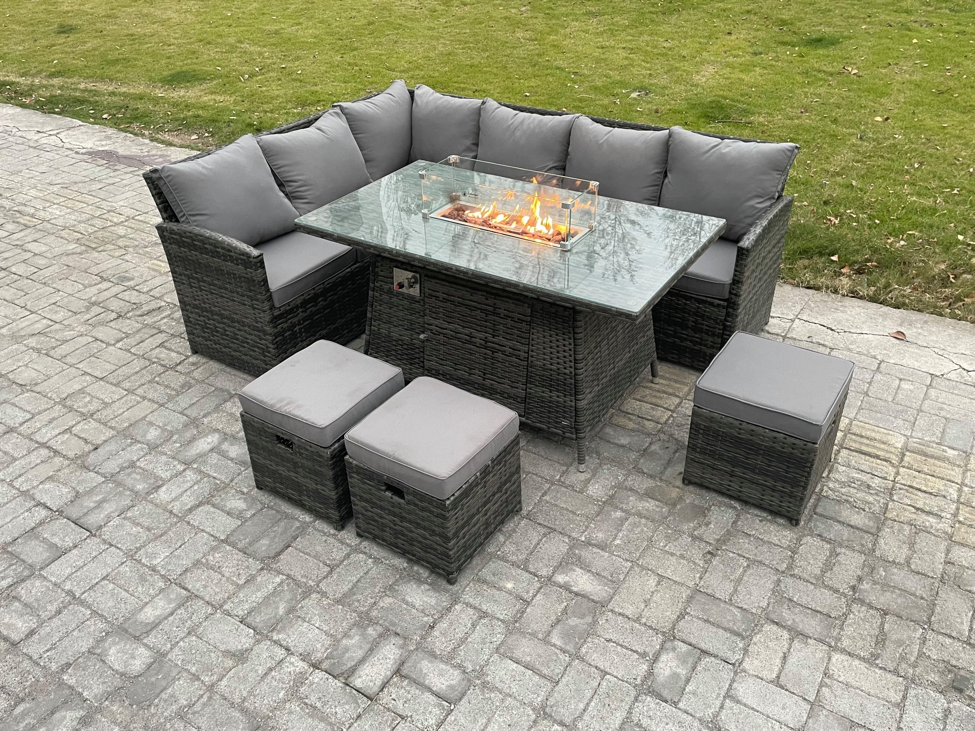Rattan Garden Furniture High Back Corner Sofa Gas Fire Pit Dining Table Sets Gas Heater 3 Small Footstools 9 Seater