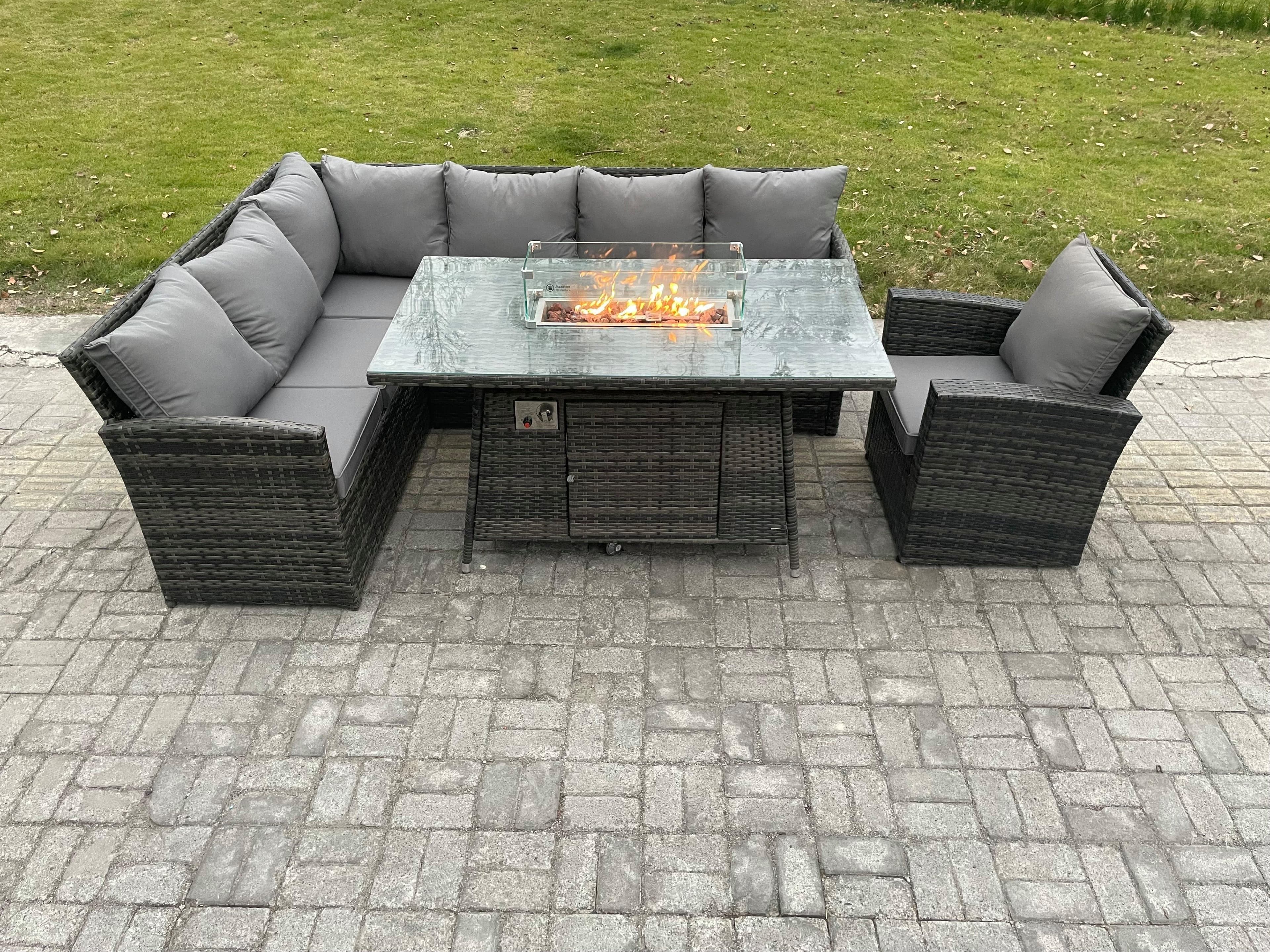 Rattan Garden Furniture High Back Corner Sofa Gas Fire Pit Dining Table Sets Gas Heater Armchair 7 Seater