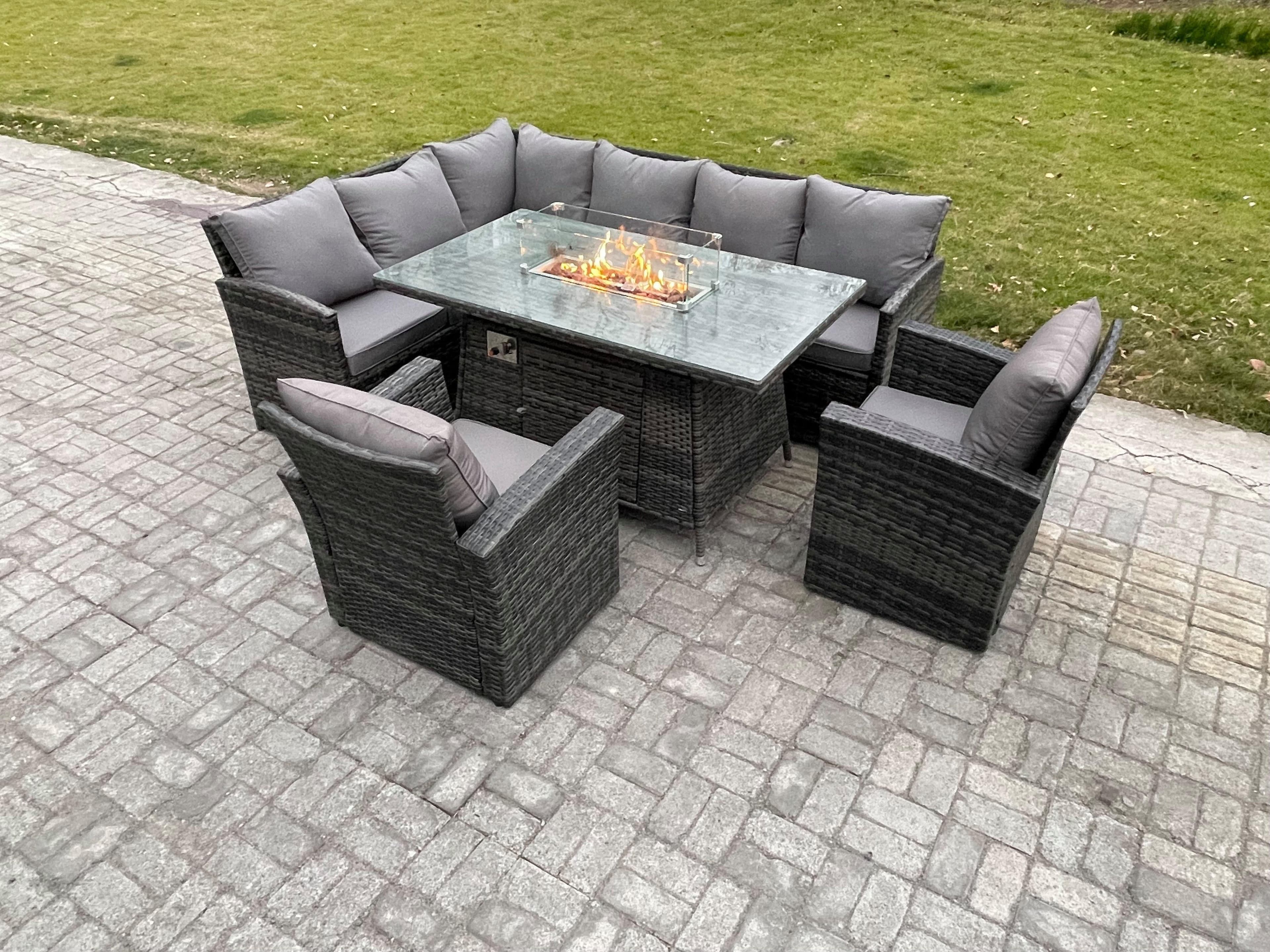 Rattan Garden Furniture High Back Corner Sofa Gas Fire Pit Dining Table Sets Gas Heater 2 Armchairs 8 Seater