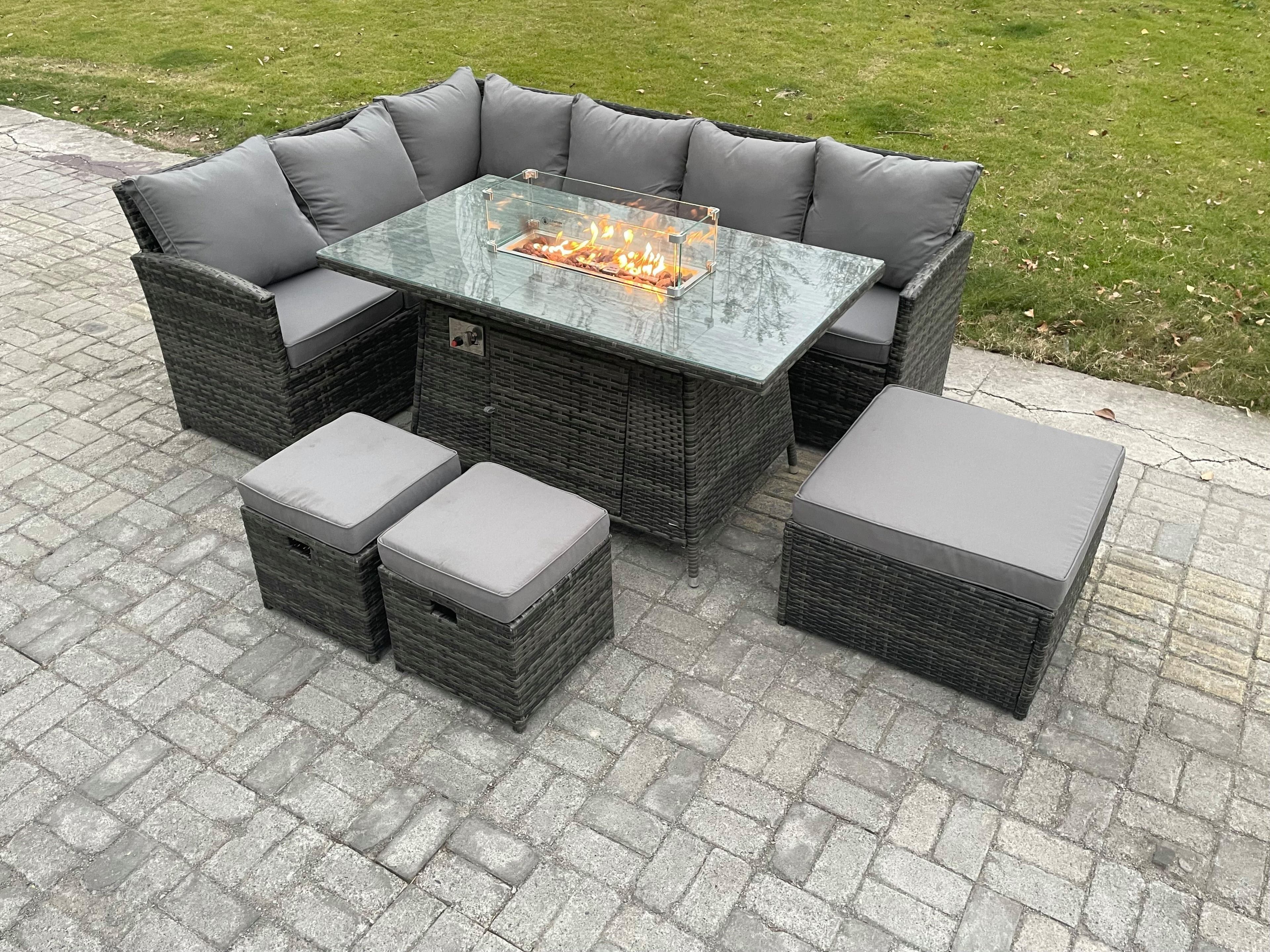 Rattan Garden Furniture High Back Corner Sofa Gas Fire Pit Dining Table Sets Gas Heater 3 Footstools 9 Seater