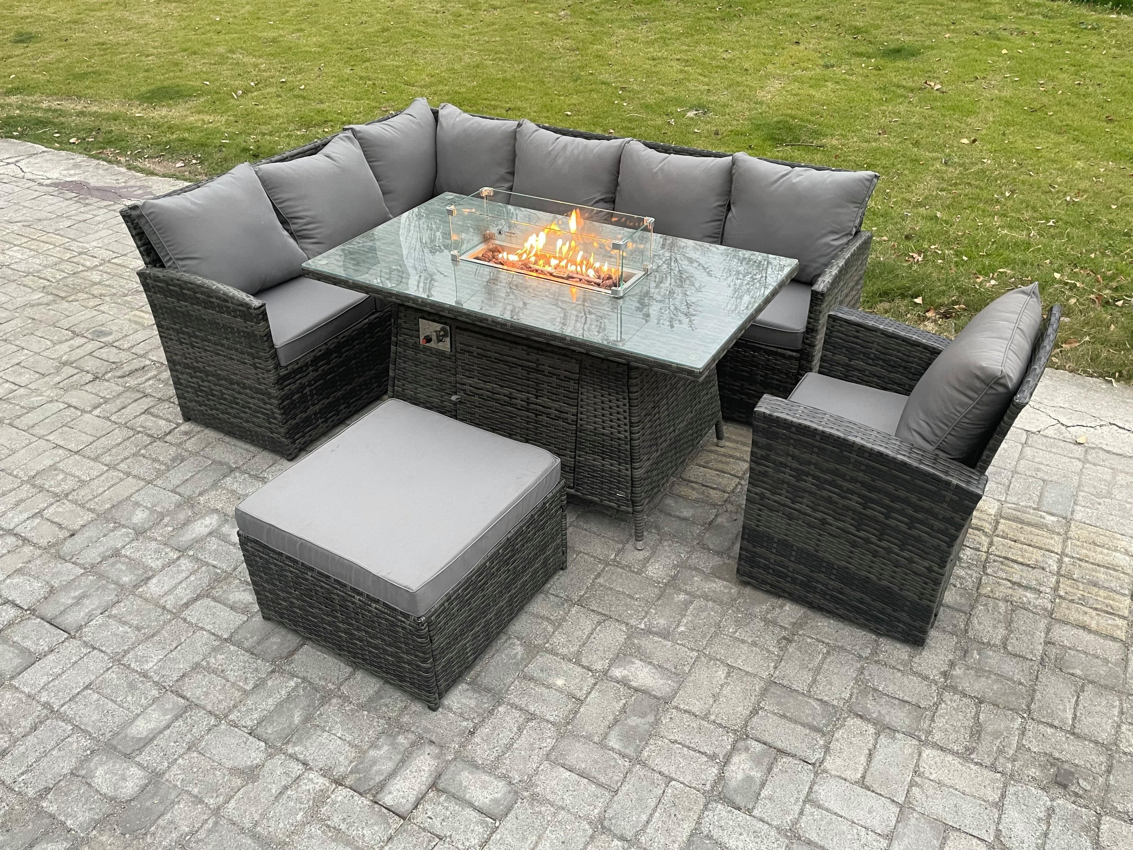 Rattan Garden Furniture High Back Corner Sofa Gas Fire Pit Dining Table Sets Gas Heater Armchair Big Footstool 8 Seater