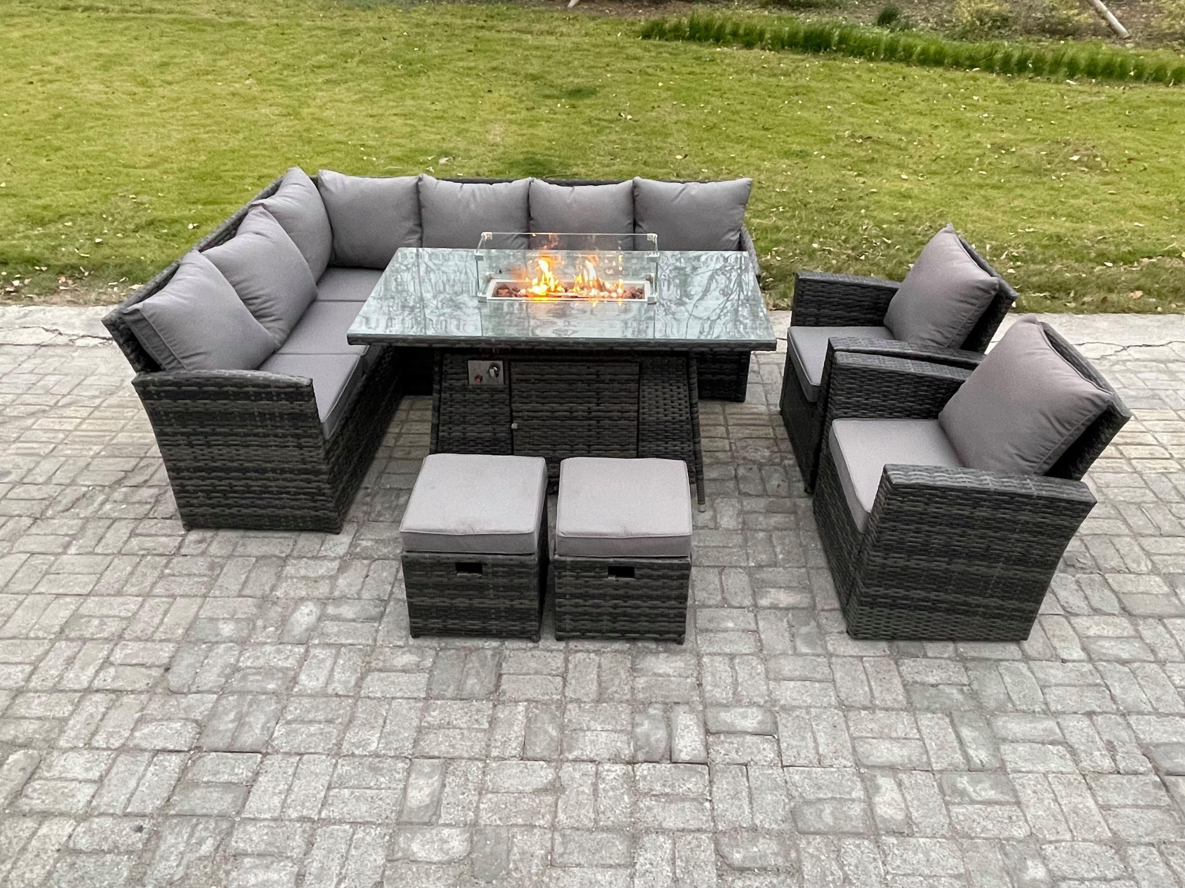10 Seater Rattan Garden Furniture High Back Corner Sofa Gas Fire Pit Dining Table Sets Gas Heater Armchair 2 Footstools