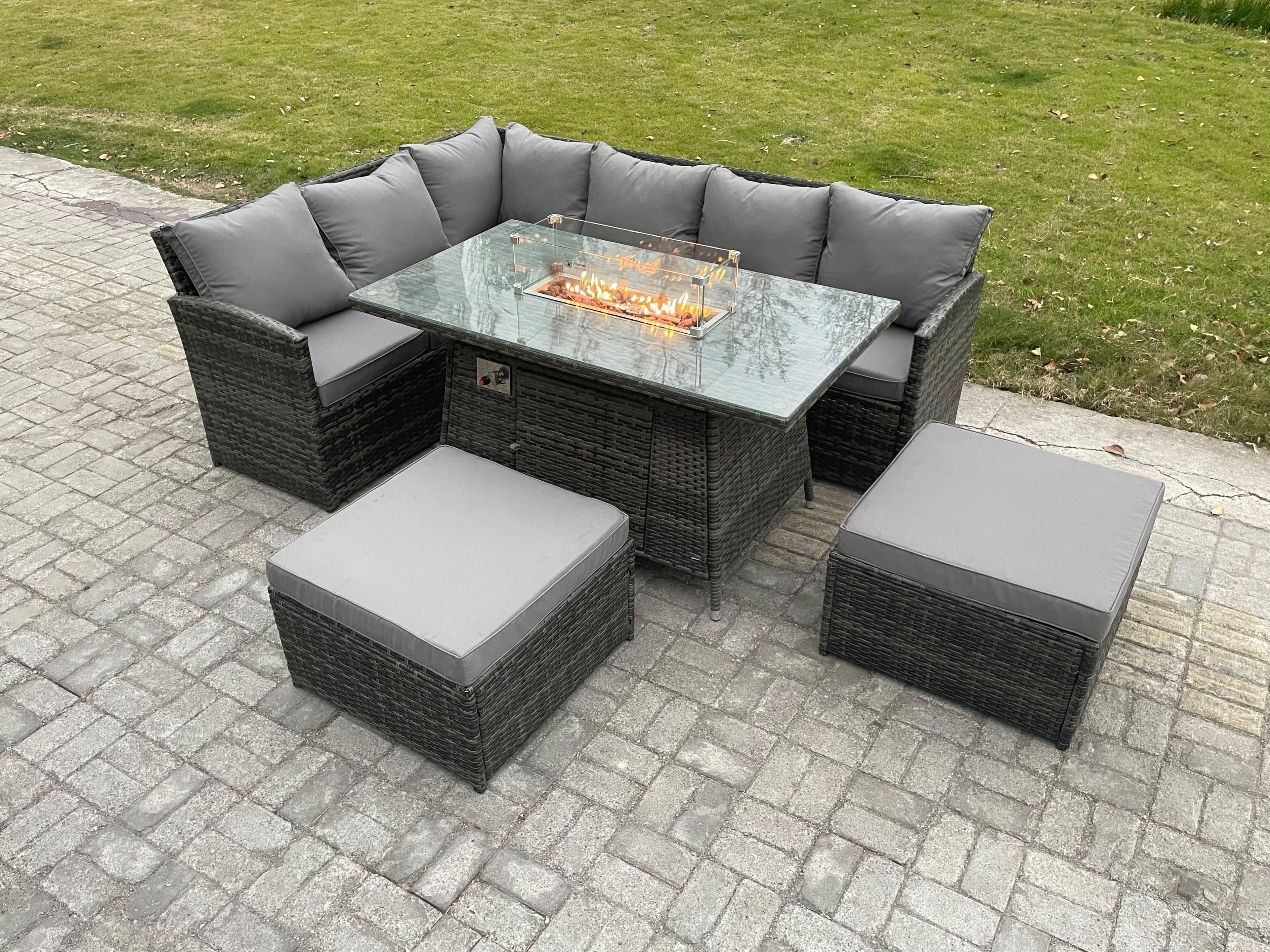 8 Seater Rattan Garden Furniture High Back Corner Sofa Gas Fire Pit Dining Table Sets Gas Heater 2 Big Footstool Dark Grey Mixed