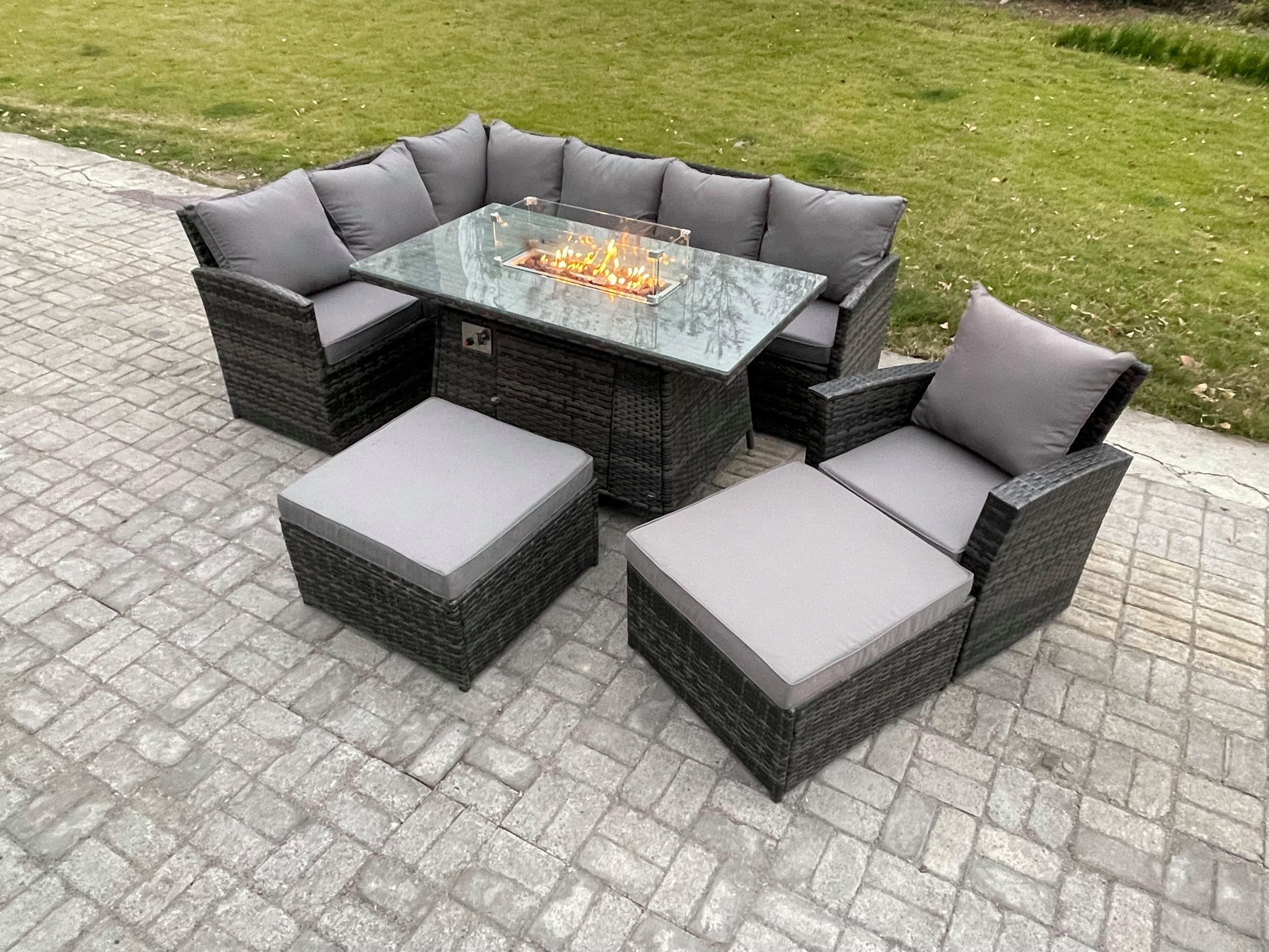 9 Seater Rattan Garden Furniture Set High Back Corner Sofa Gas Fire Pit Dining Table Sets Gas Heater 2 Big Footstool Armchair