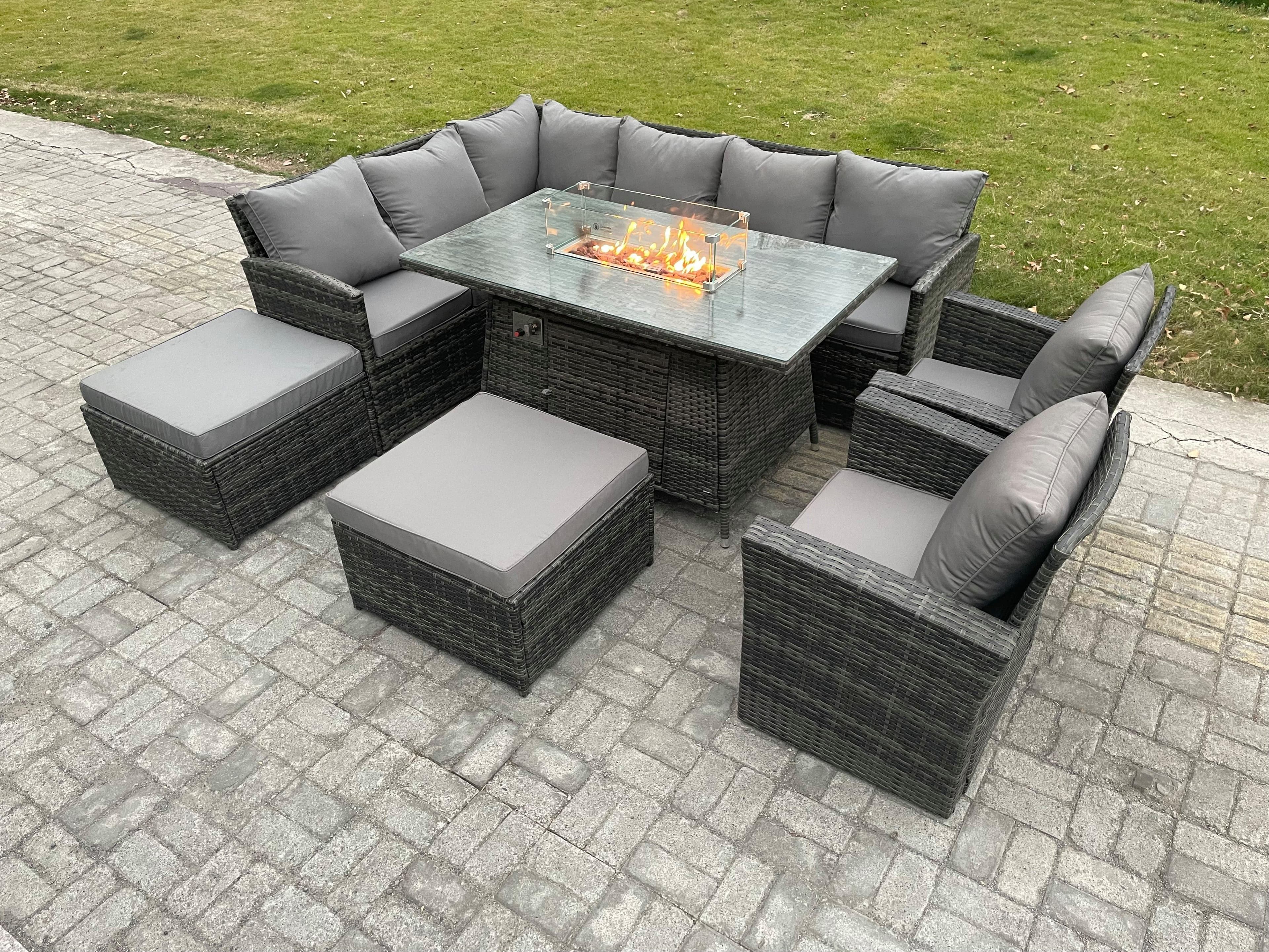 10 Seater Outdoor Rattan Garden Furniture Set Corner Sofa Gas Fire Pit Dining Table Sets Gas Heater 2 Big Footstool 2 Armchair