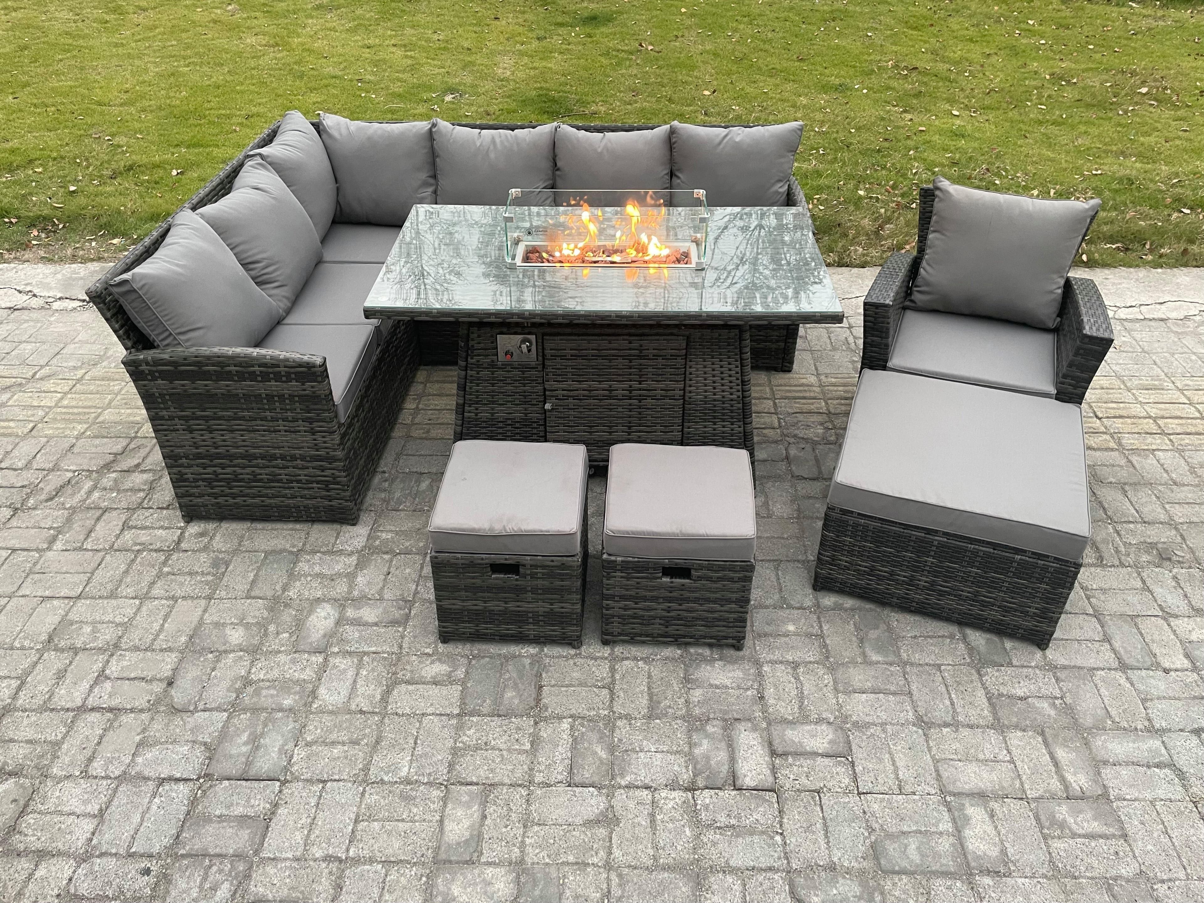 10 Seater Outdoor Rattan Garden Furniture Set Corner Sofa Gas Fire Pit Dining Table Sets 3 Footstools Armchair Dark Grey Mixed