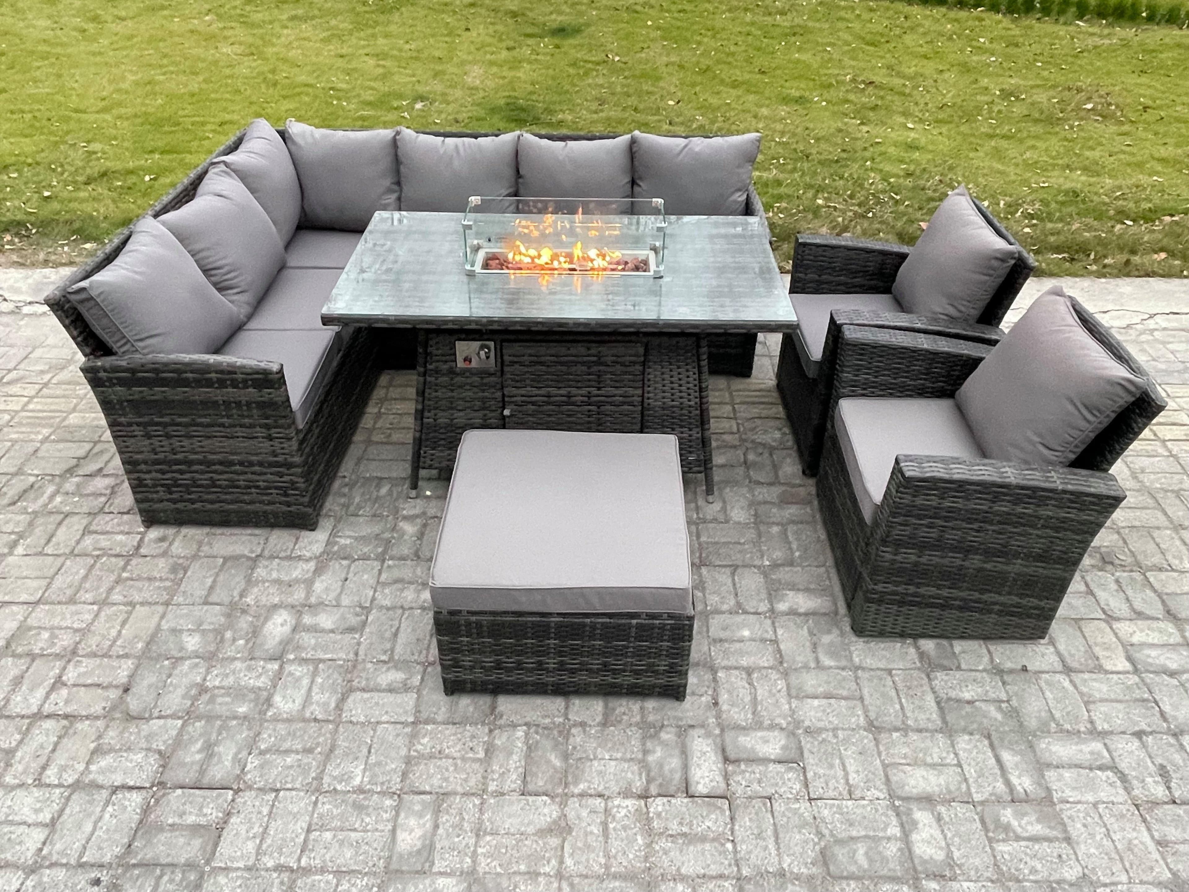 9 Seater Outdoor Rattan Garden Furniture Set Corner Sofa Gas Fire Pit Dining Table Sets Big Footstool 2 Armchair Dark Grey Mixed