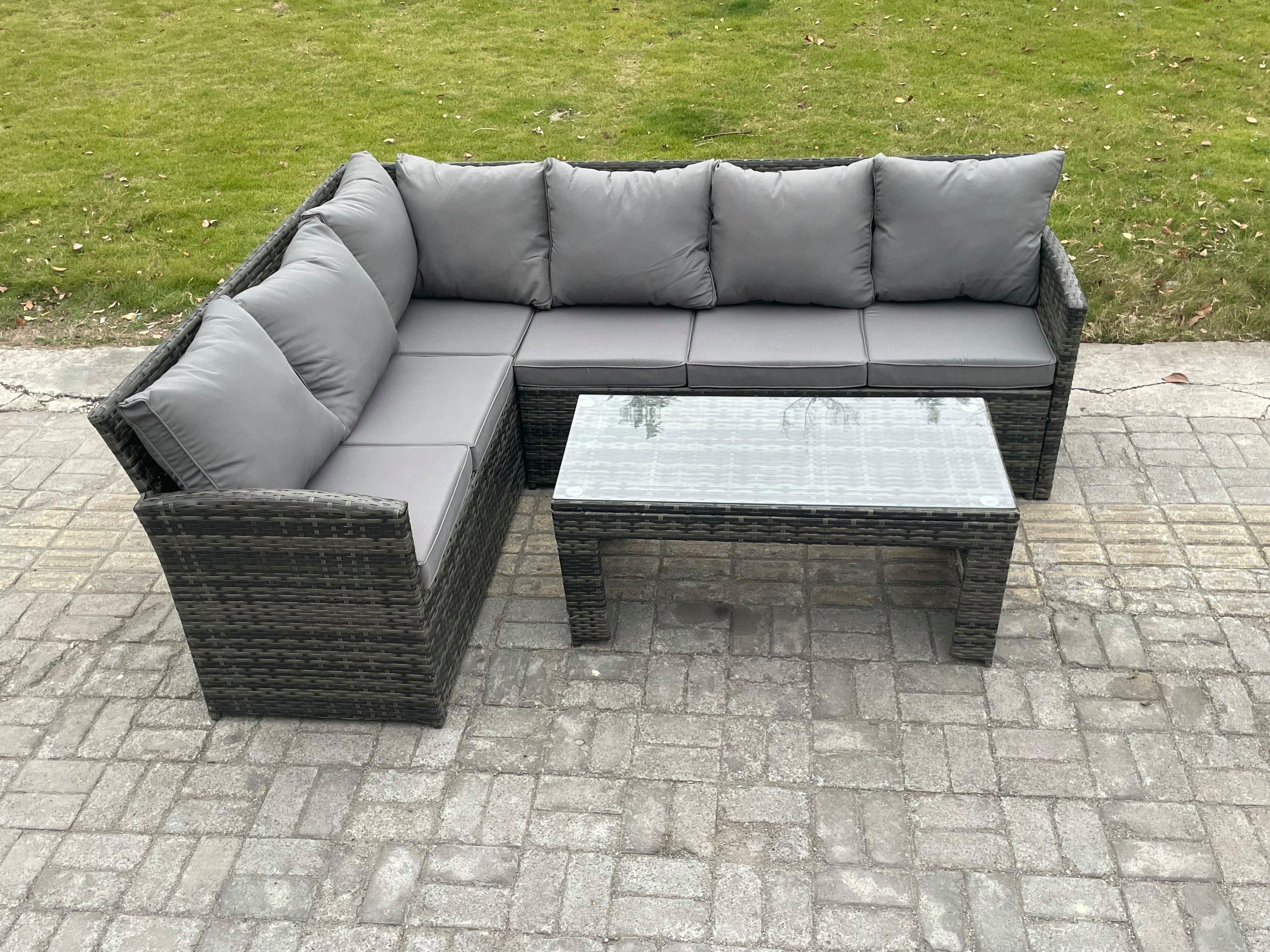 6 Seater Outdoor Rattan Garden Furniture Set Corner Sofa Oblong Coffee Table Sets Dark Grey Mixed