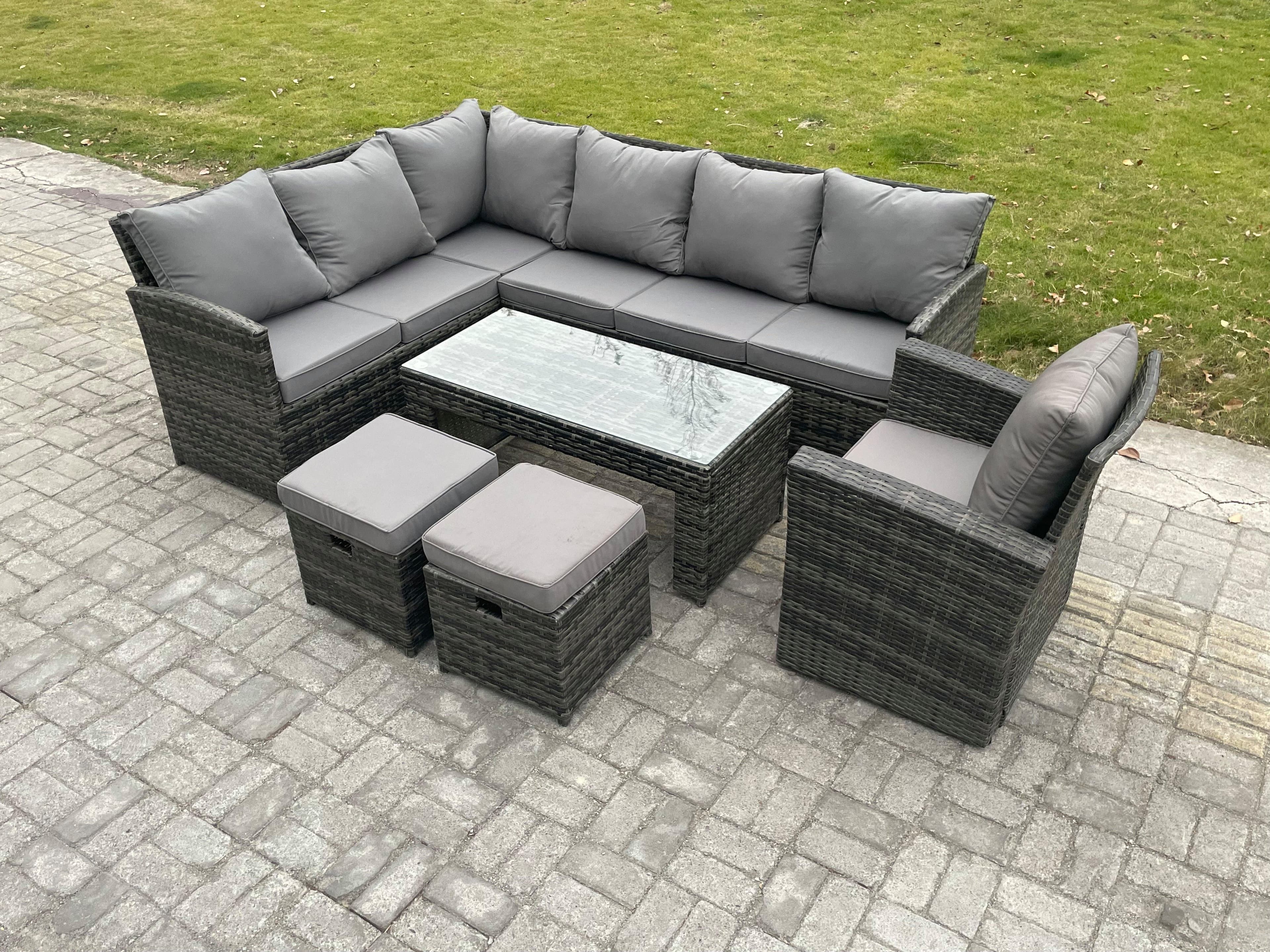 9 Seater Outdoor Rattan Garden Furniture Set Corner Sofa Oblong Coffee Table Sets Patio 2 Small Footstools Armchair Dark Grey Mixed