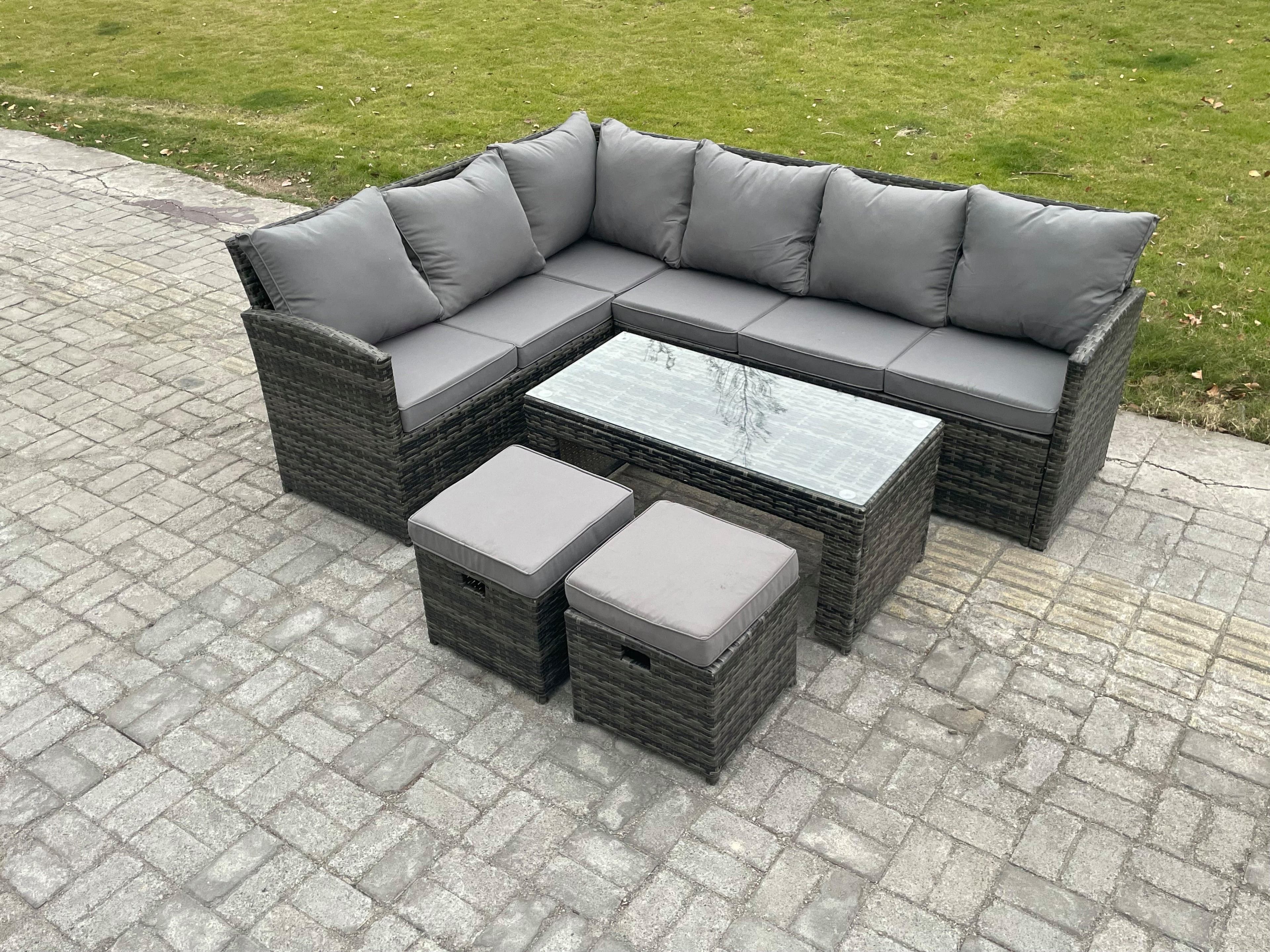 8 Seater Outdoor Rattan Garden Furniture Set Corner Sofa Oblong Coffee Table Sets Patio 2 Small Footstools Dark Grey Mixed