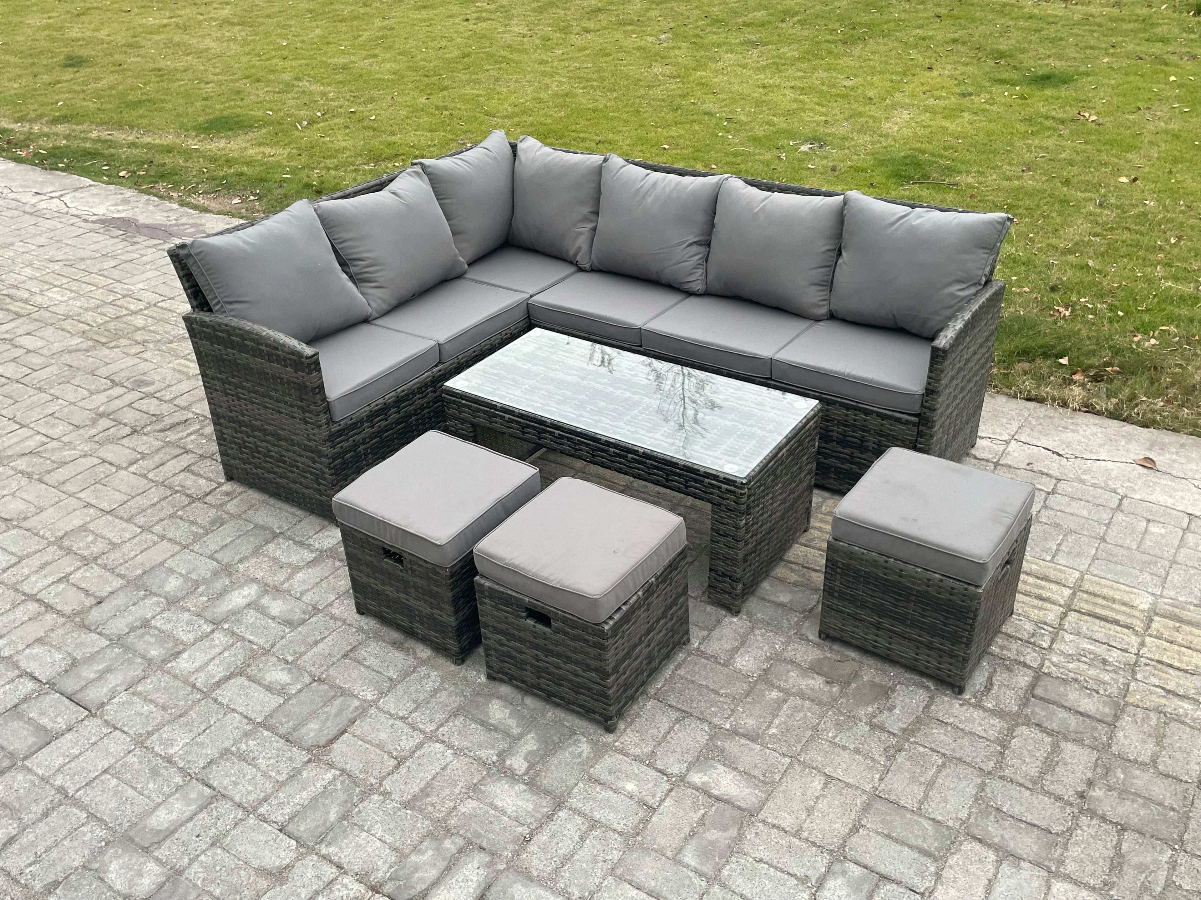 9 Seater Outdoor Rattan Garden Furniture Set Corner Sofa Oblong Coffee Table Sets Patio 3 Small Footstools Dark Grey Mixed