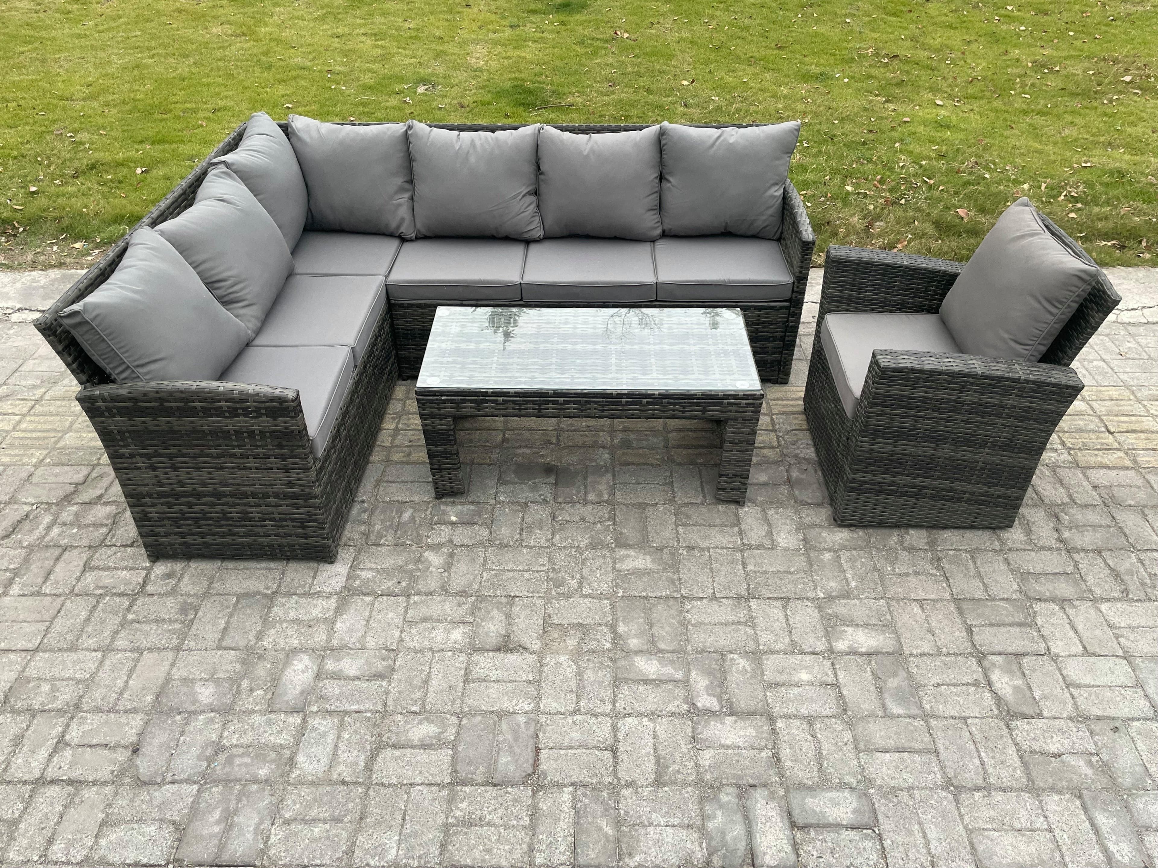 7 Seater Outdoor Rattan Garden Furniture Set Corner Sofa Oblong Coffee Table Sets Patio Armchair Dark Grey Mixed