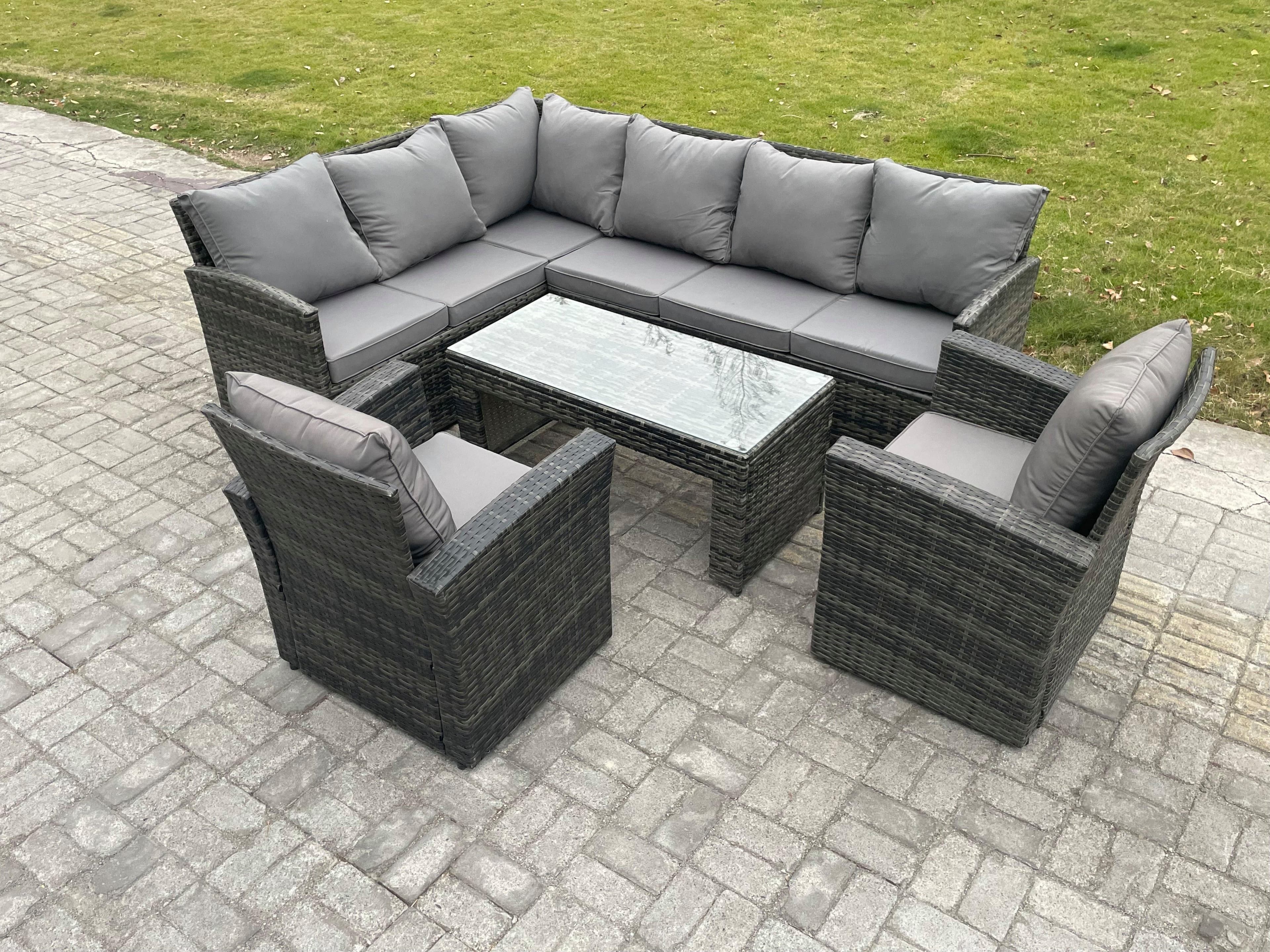 8 Seater Outdoor Rattan Garden Furniture Set Corner Sofa Oblong Coffee Table Sets Patio 2 Armchairs Dark Grey Mixed