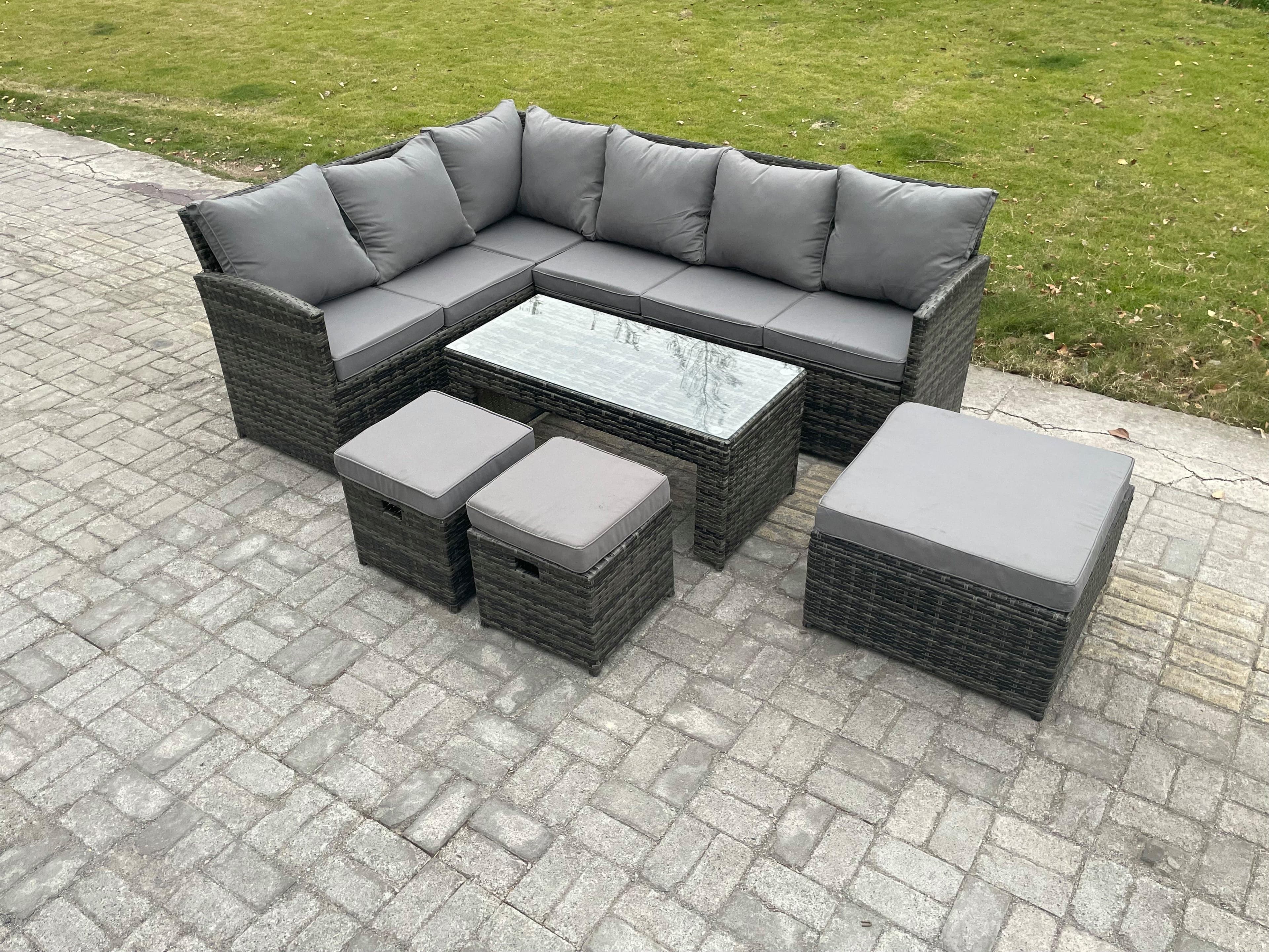 9 Seater Outdoor Rattan Garden Furniture Set Corner Sofa Oblong Coffee Table Sets Patio 3 Footstools Dark Grey Mixed