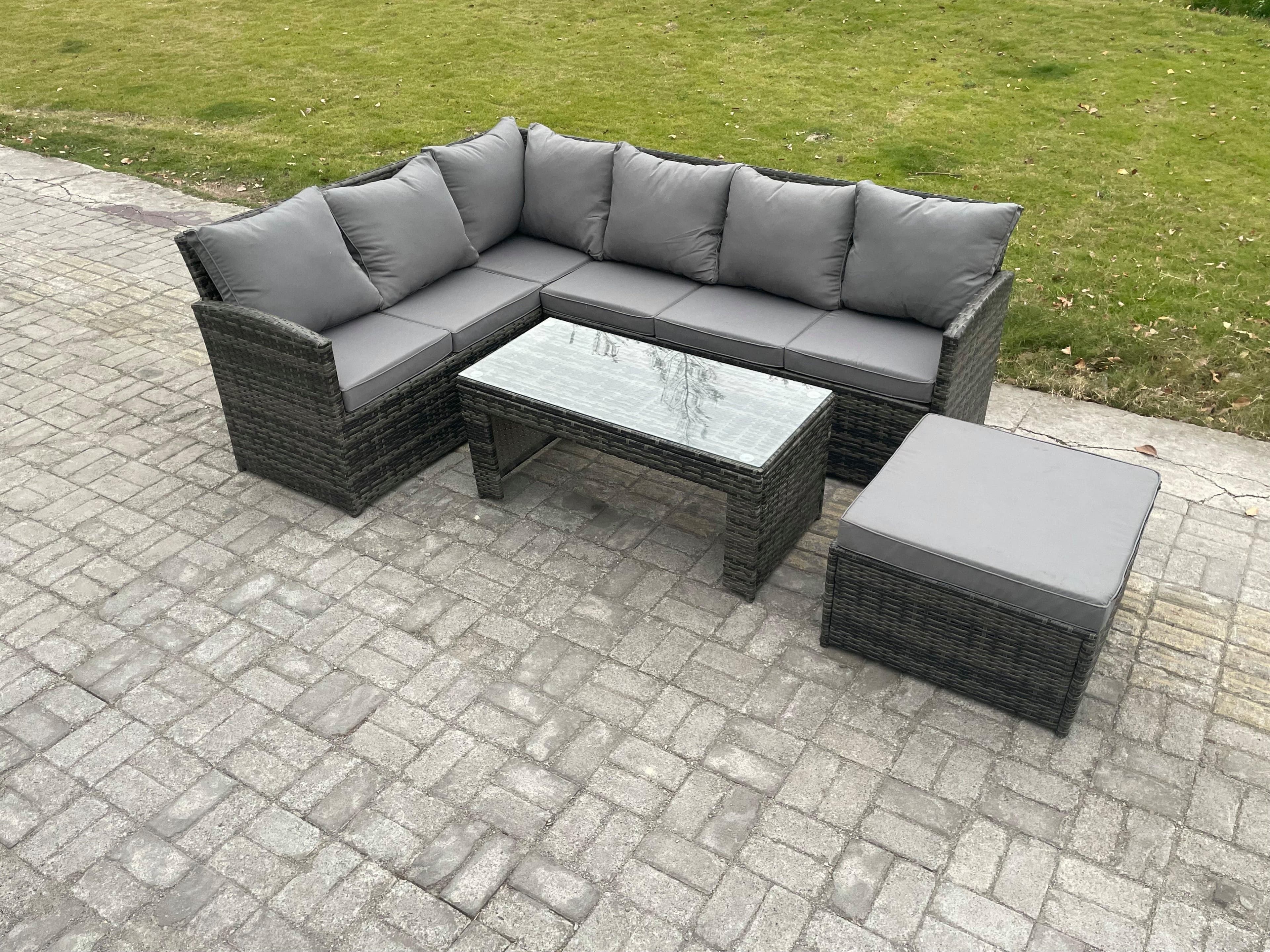 7 Seater Outdoor Rattan Garden Furniture Set Corner Sofa Oblong Coffee Table Sets Patio Big Footstool Dark Grey Mixed