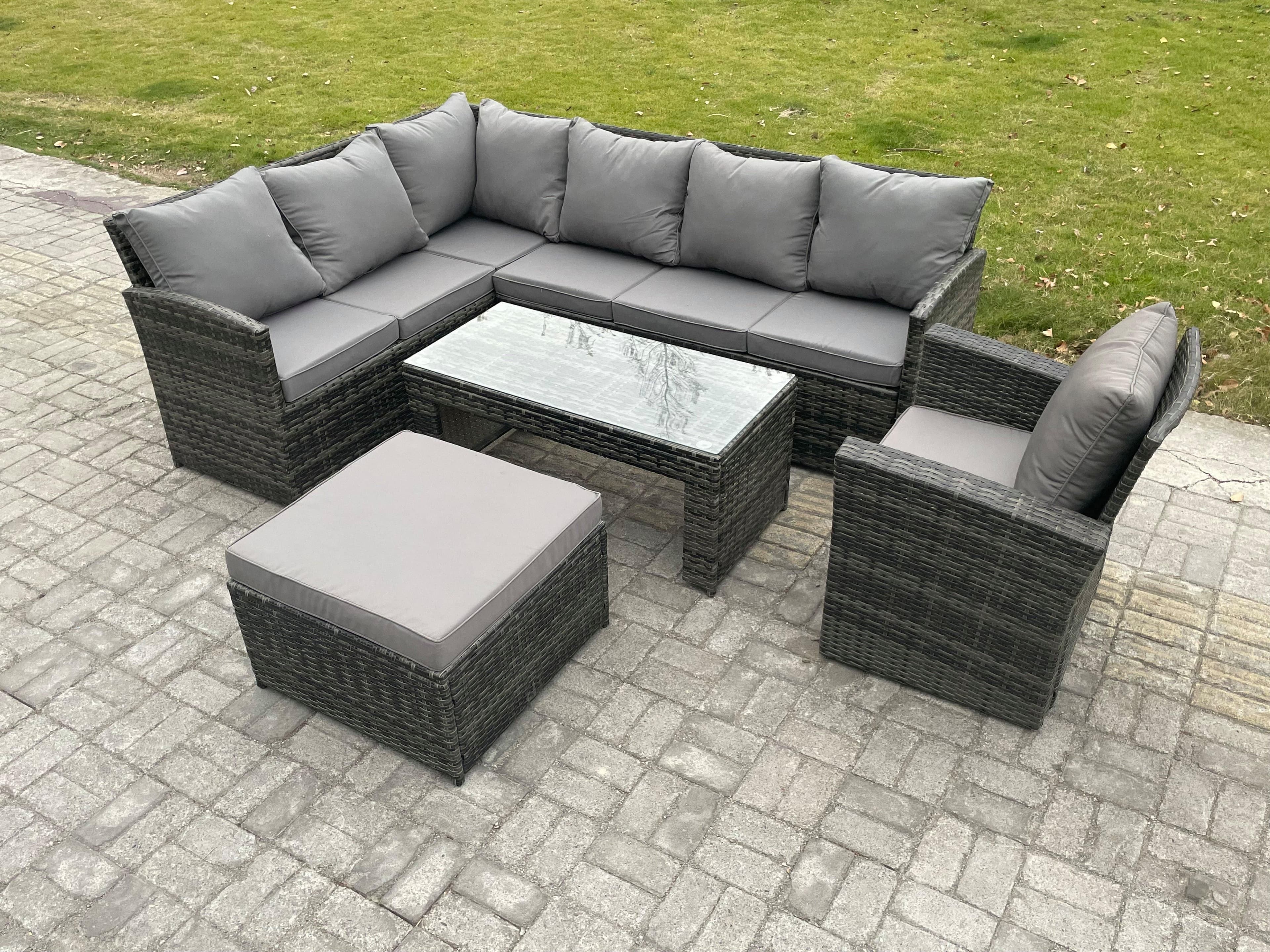 Rattan Garden Furniture Sets High Back Corner Sofa Oblong Coffee Table Set Big Footstool Armchair Dark Grey Mixed