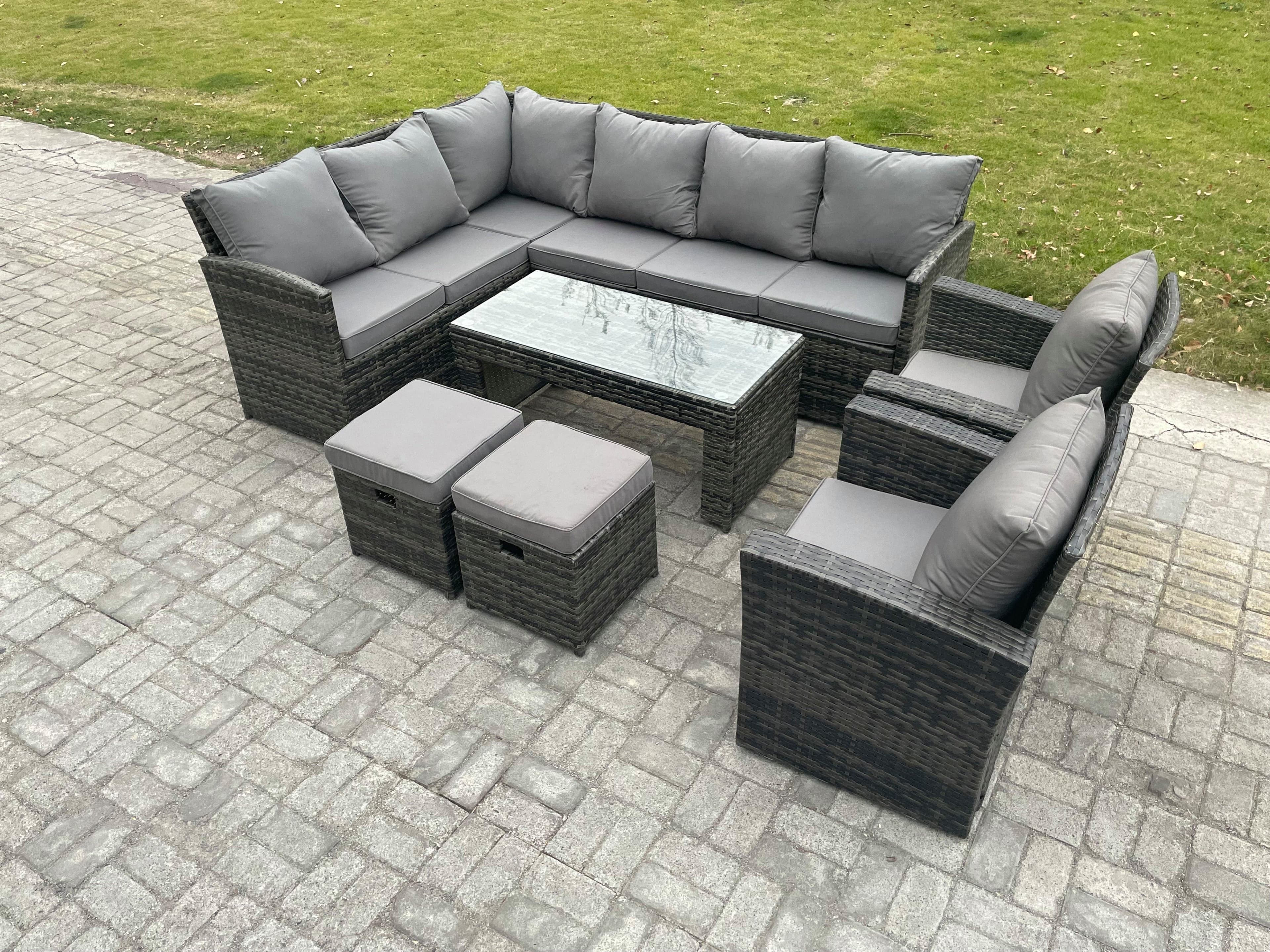 Rattan Garden Furniture Sets High Back Corner Sofa Oblong Coffee Table Set 2 Small Footstool 2 Armchairs Dark Grey Mixed